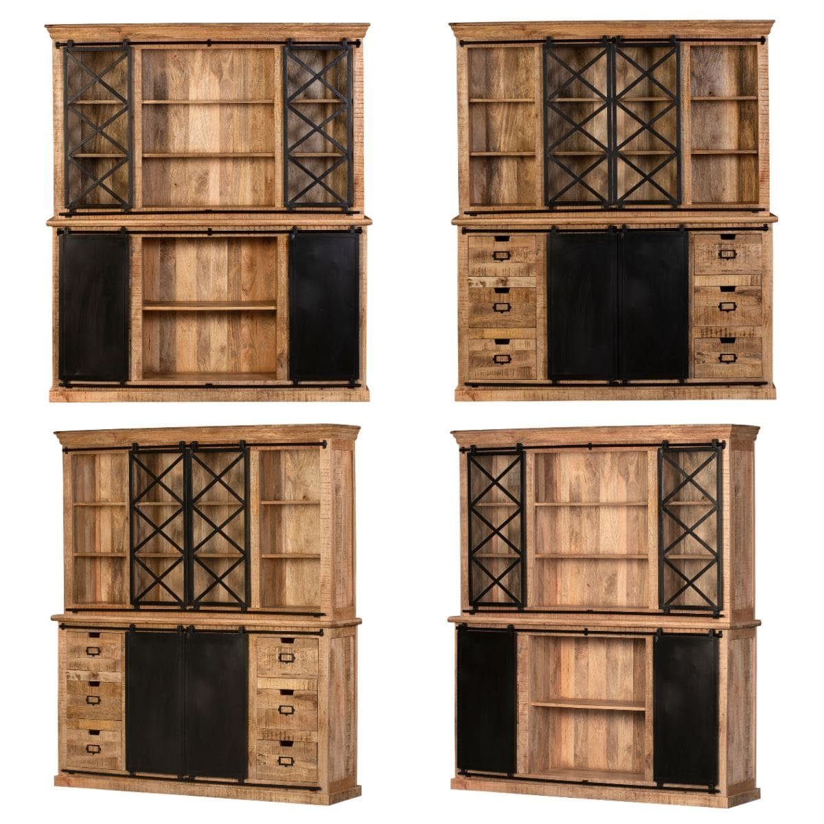 baario Buffet Schrank SELCE 180cm massiv Mangoholz & Eisen Vitrine Buffet Industrial Schiebetüren