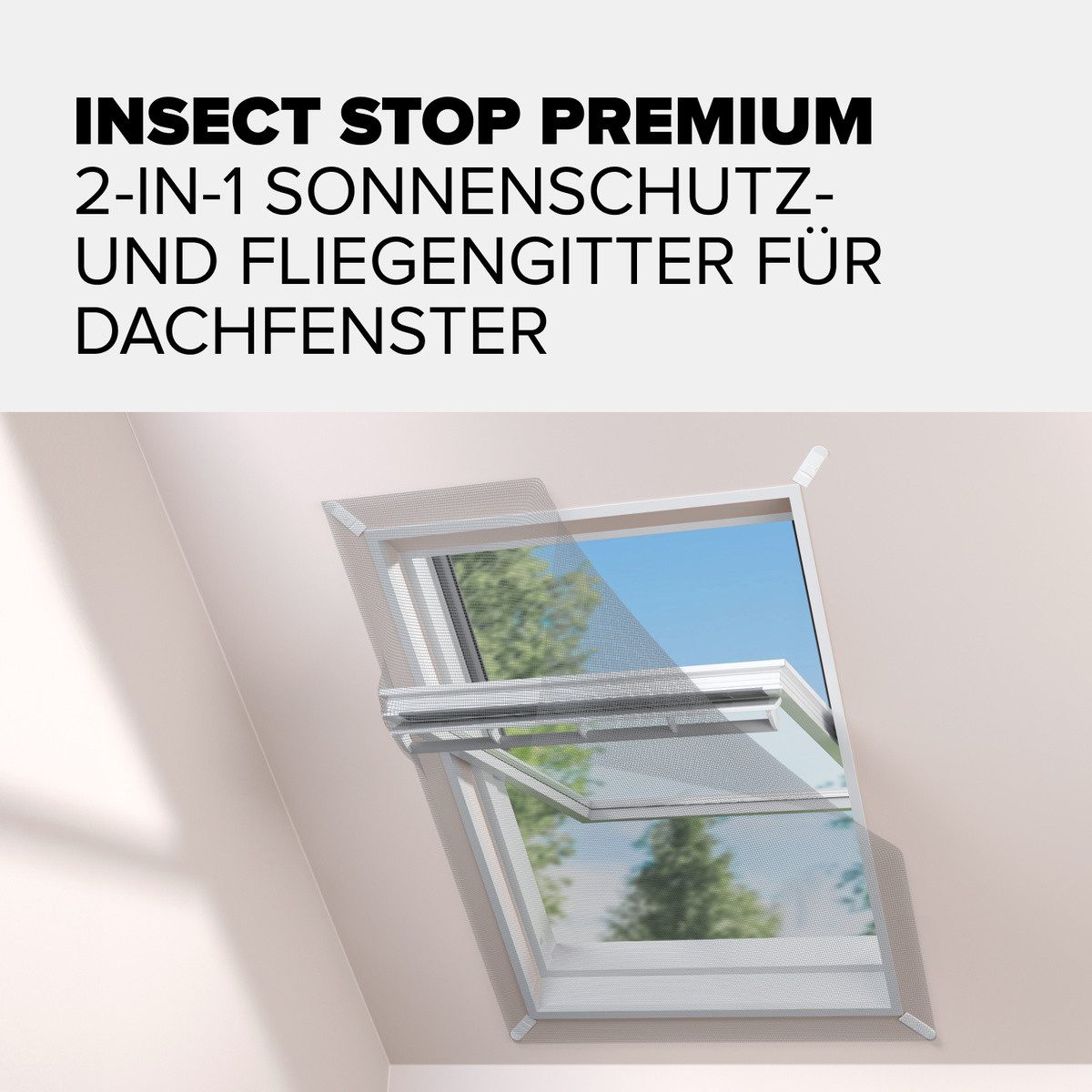 tesa Fliegengitter-Gewebe 2-in-1 Sonnenschutz- und Fliegengitter für Dachfenster Premium, (Packung, 1-St., Fliegennetz, Klettband, Andrück und Schneidehilfe), inkl. selbstklebendes Klettband