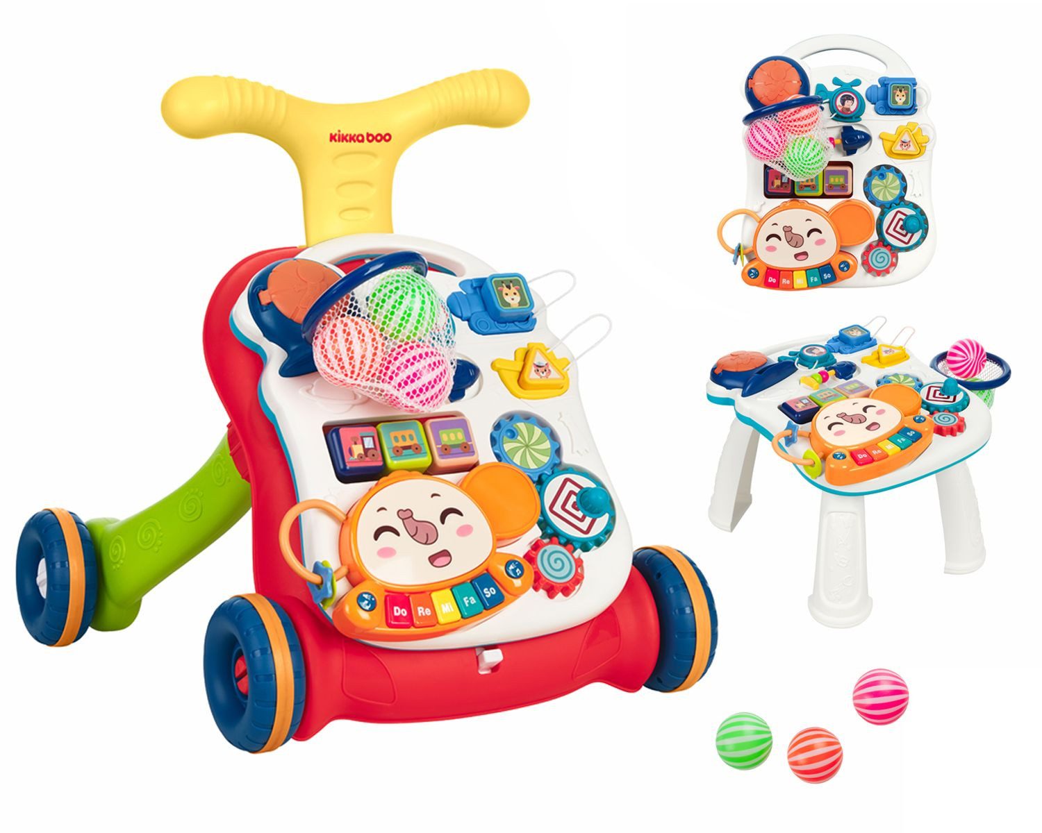 Kikkaboo Lauflernhilfe Grow 2 in 1, Kunststoff, Spieltisch Motorikspielcenter Korb mit 3 Kugeln, Räder