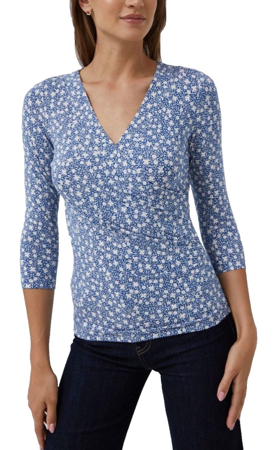 Polo Ralph Lauren T-Shirt Damen Top mit Allover-Muster V-Ausschnitt mit leichter Raff-Optik