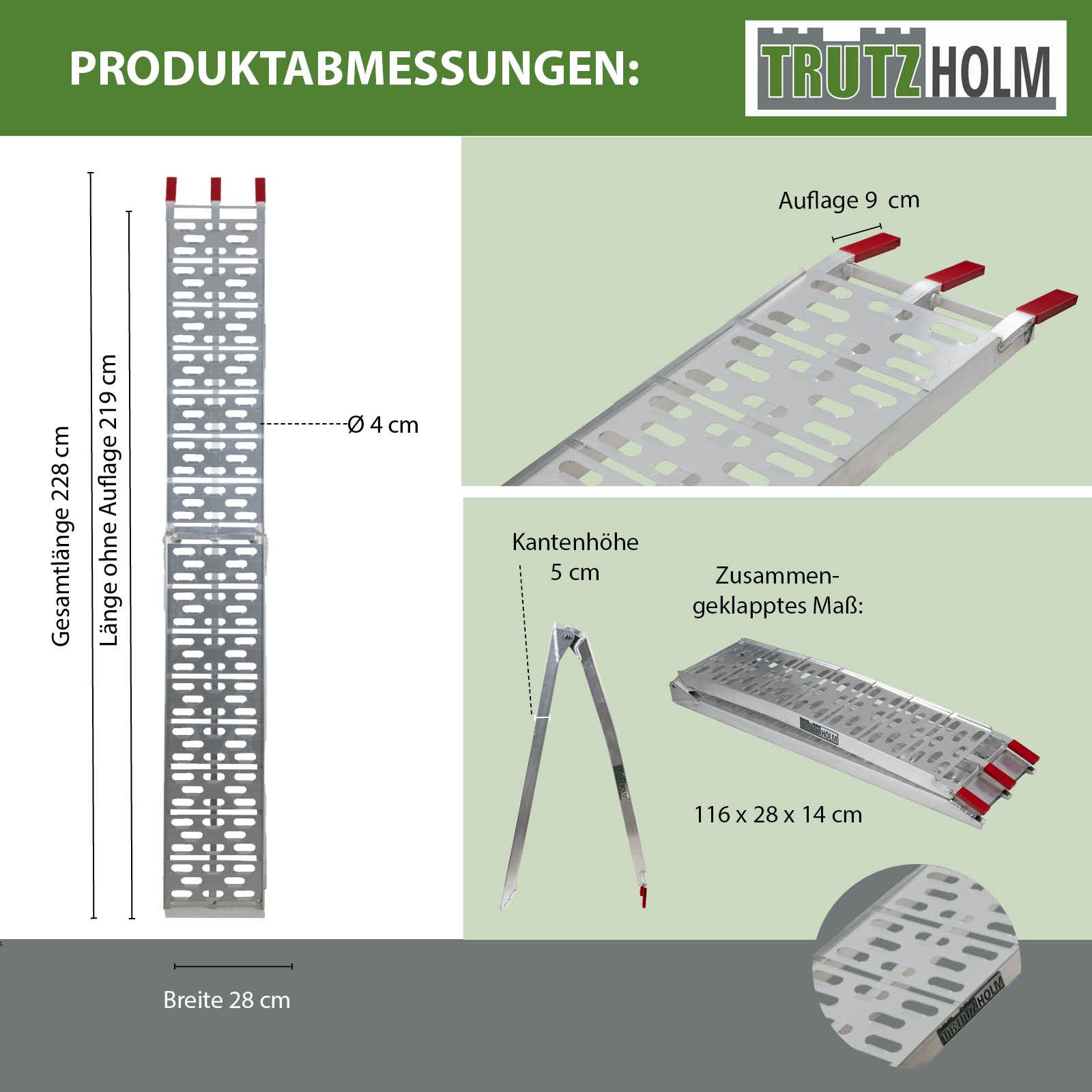 TRUTZHOLM Auffahrrampe klappbar 228 cm Traglast 340 kg Alu Motorradrampe inkl. Spanngurt (1-St., Inkl. Spanngurt), stabile Konstruktion, hochwertige Verarbeitung, kompakte Bauweise