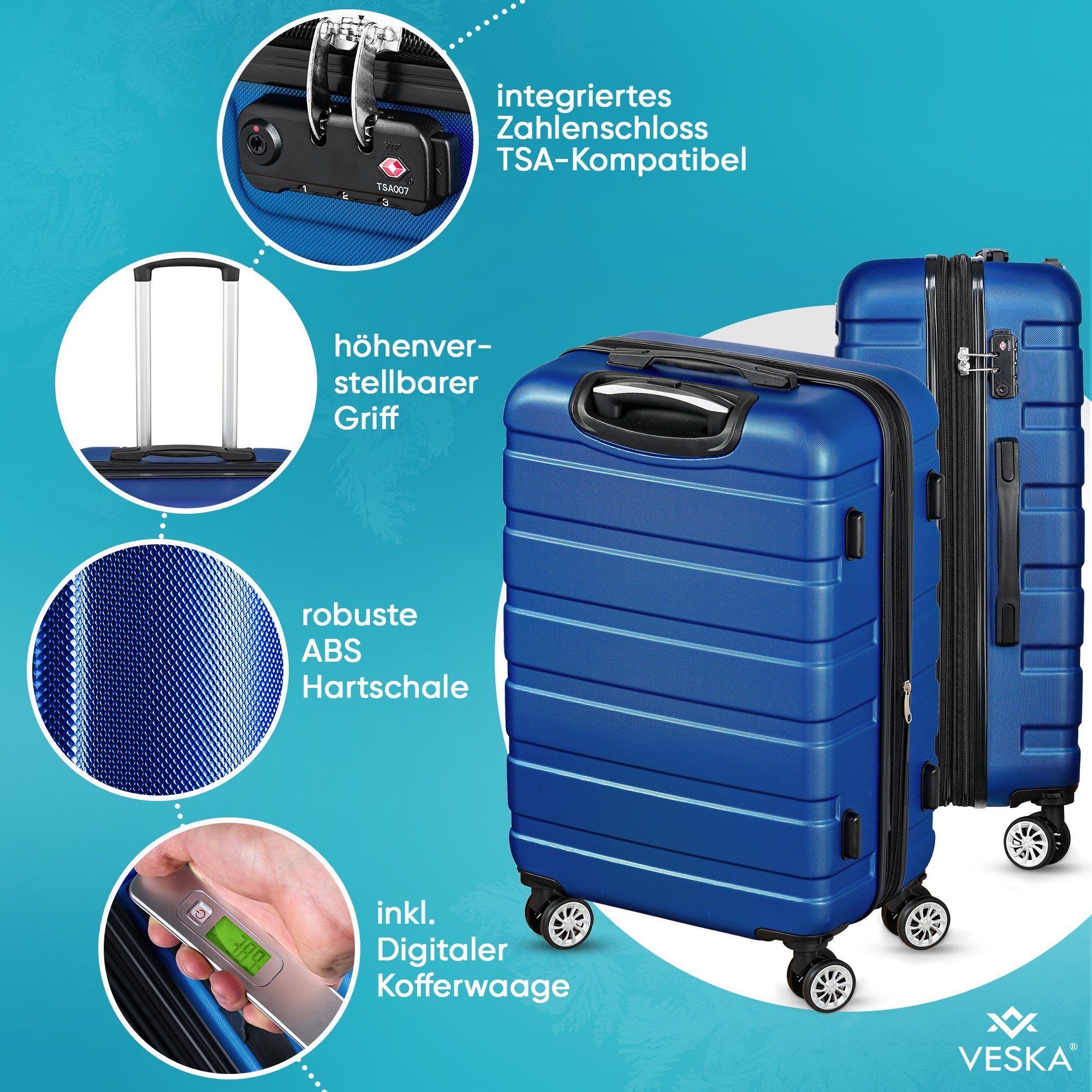 VESKA Trolleyset Hartschalenkoffer Kofferset 3 teilig mit TSA Zahlenschloss 4 Rollen, ABS-Hartschale, Reisekoffer Trolley Rollkoffer Koffer