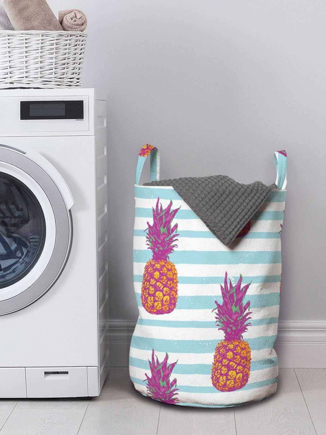 für Griffen Streifen Kordelzugverschluss auf Pop-Art Wäschesäckchen Abakuhaus mit Waschsalons, Ananas Modern Wäschekorb