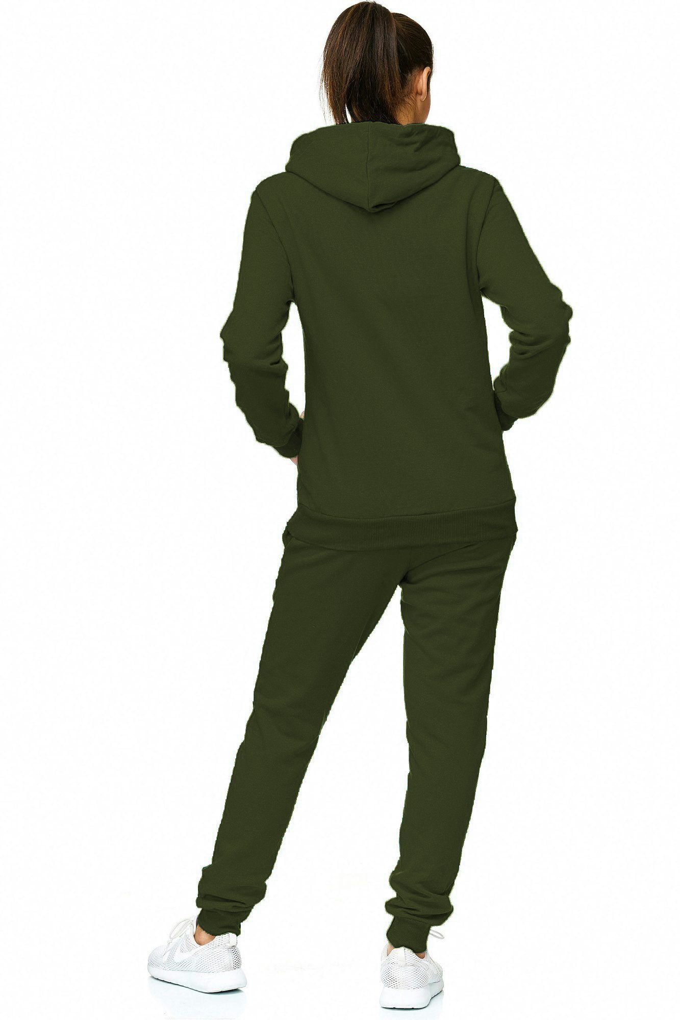L.gonline Freizeitanzug Damen Jogginganzug einfarbig 100% Baumwolle 586 Oliv 3XL (Kapuzenjacke mit Reißverschluss, Hose, 2-tlg), Fitness Freizeit Casual – Bild 4 von 5