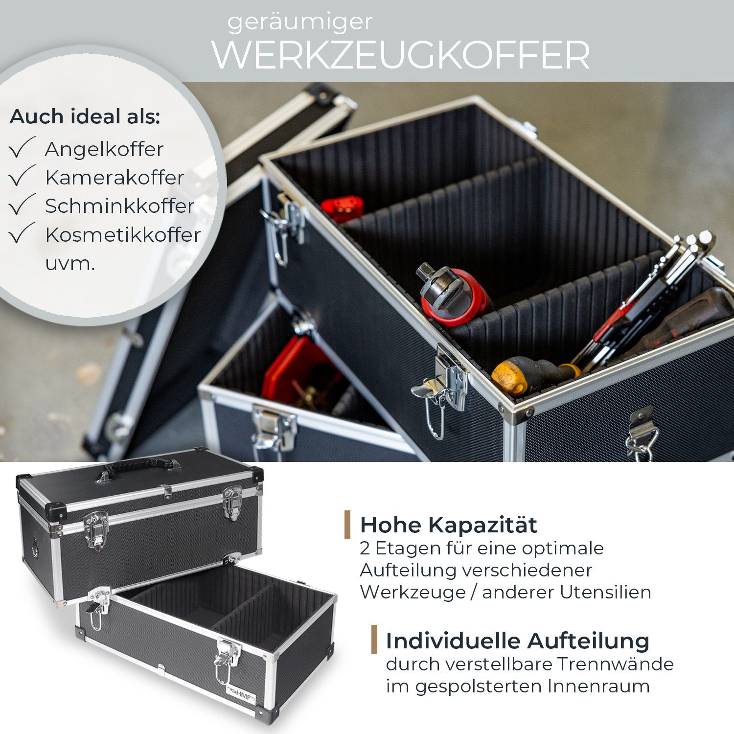 HMF Werkzeugkoffer geräumiger Utensilien Koffer mit Trennwänden, Transportkoffer, für Werkzeug, Angel Sachen und Kosmetik 44x32,5 x24 cm, schwarz