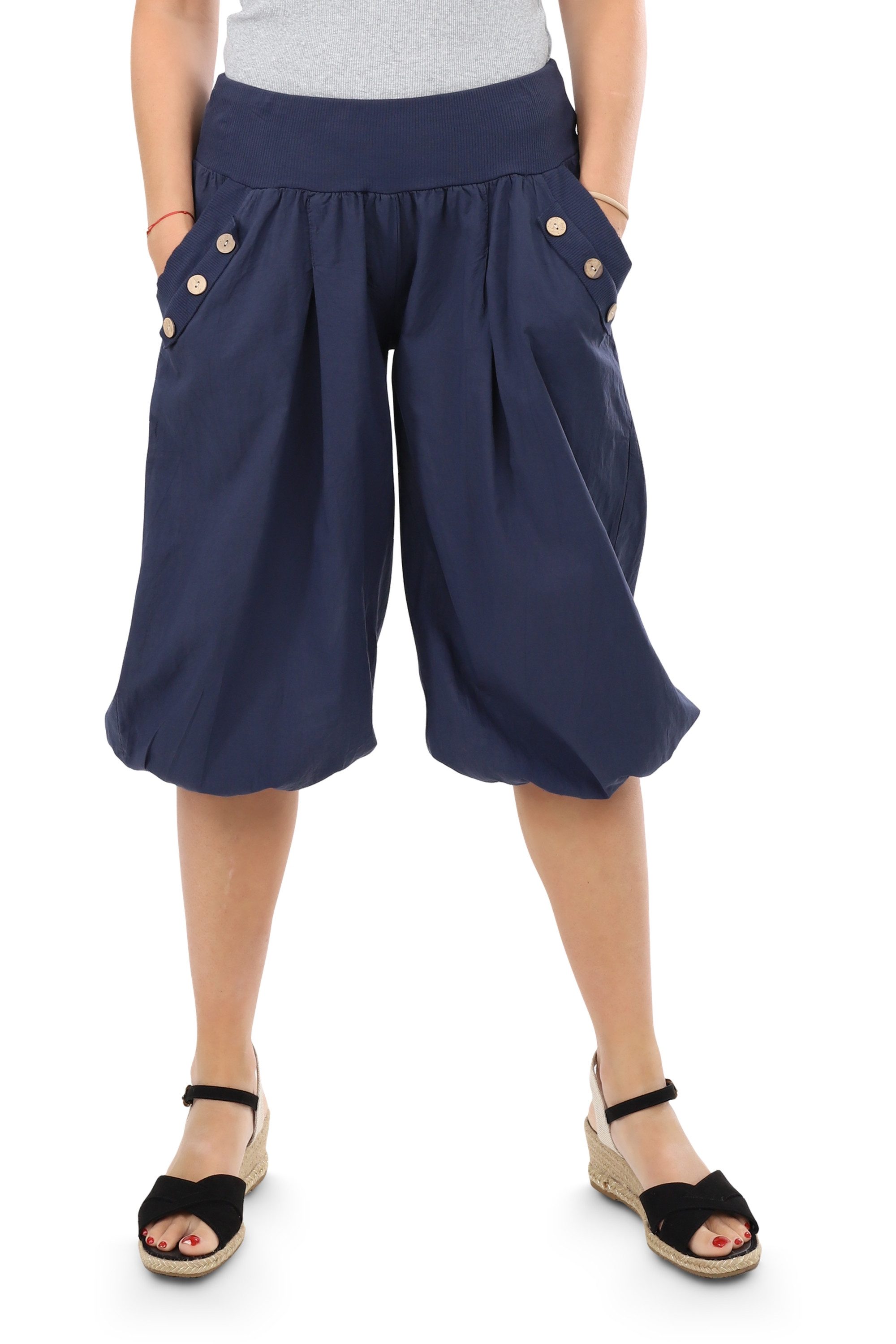 malito more than fashion Haremshose malito Damen Pumphose Capri Holzzierknöpfe 23286H kurze Sommer Pumphose in Unifarben Einheitsgröße