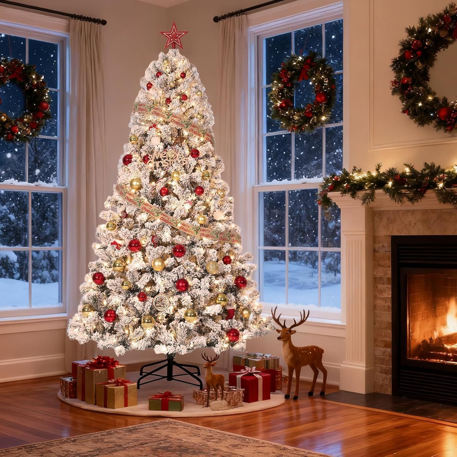 GarveeMore Künstlicher Weihnachtsbaum mit warmweißen LED-Lichtern, PVC gemischt mit Flockung, 140 cm / 180 cm / 230 cm, faltbarer Metallständer, einfacher Aufbau
