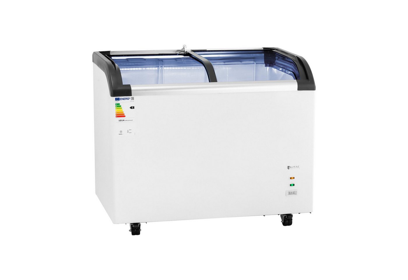 Royal Catering Gefrierschrank RCFZ-198G, 85 cm hoch, 103 cm breit, 273 L Tiefkühltruhe Glastüren 4 Räder Gefriertruhe Tiefkühler Froster