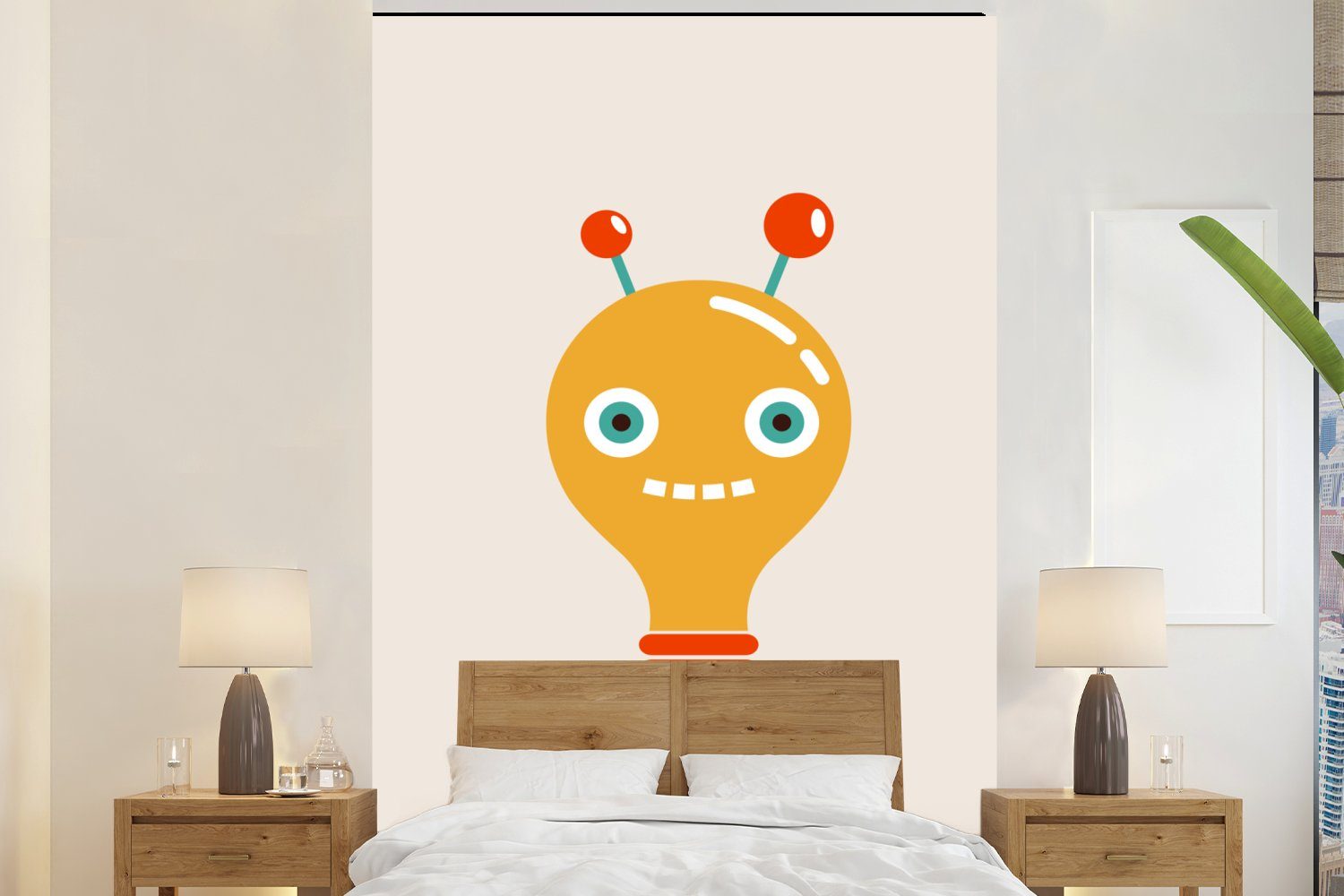 Wandtapete Glühbirne für MuchoWow Wohnzimmer, Montagefertig (3 Matt, St), Tapete Roboter Antenne - bedruckt, - - - Vinyl Kinder, Gesicht Fototapete