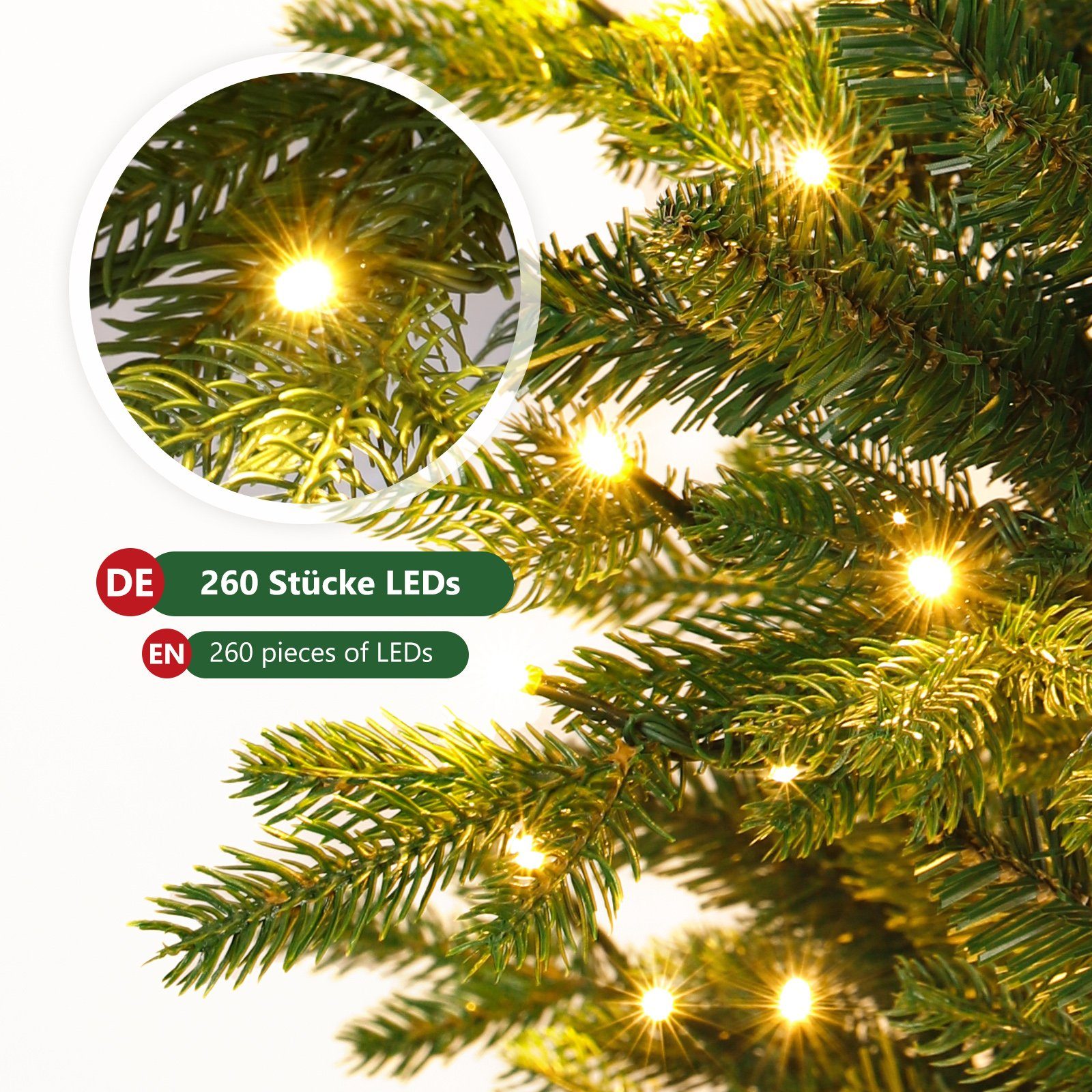Yorbay Künstlicher Weihnachtsbaum Künstlicher Tannenbaum mit LED Beleuchtung, Weihnachstbaum aus PE, PVC, 150 / 180 / 210 cm auswählbar, mit Holzständer, Nordmanntanne, Weihnachtsbaum Christbaum für Weihnachten-Dekoration