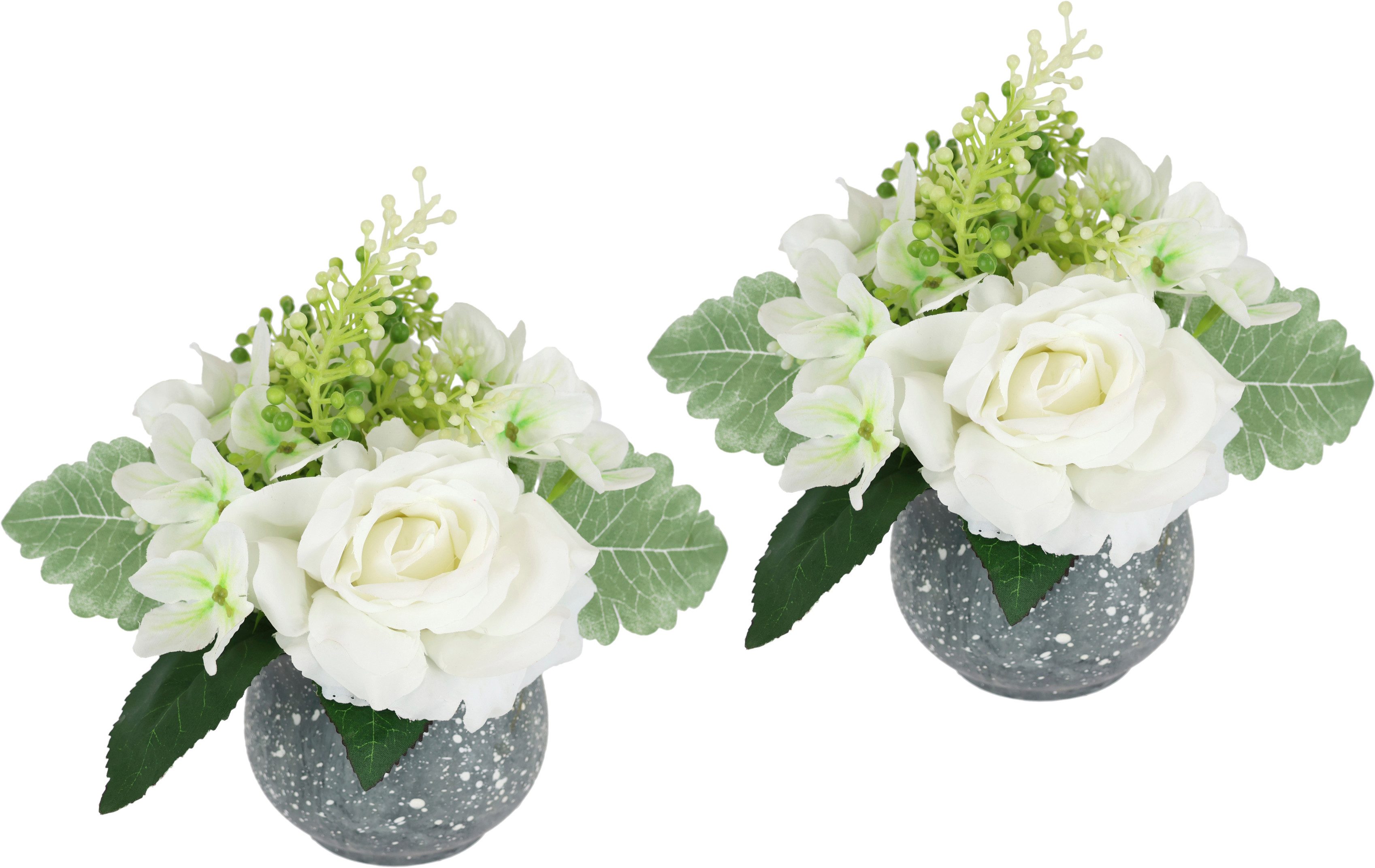 Kunstblume Arrangement Rose und Hortensie im Topf 2er Set Rose, I.GE.A., Höhe 20 cm, Blumengesteck künstlich Dekoblume Hochzeitsdeko Kunstpflanze Blume