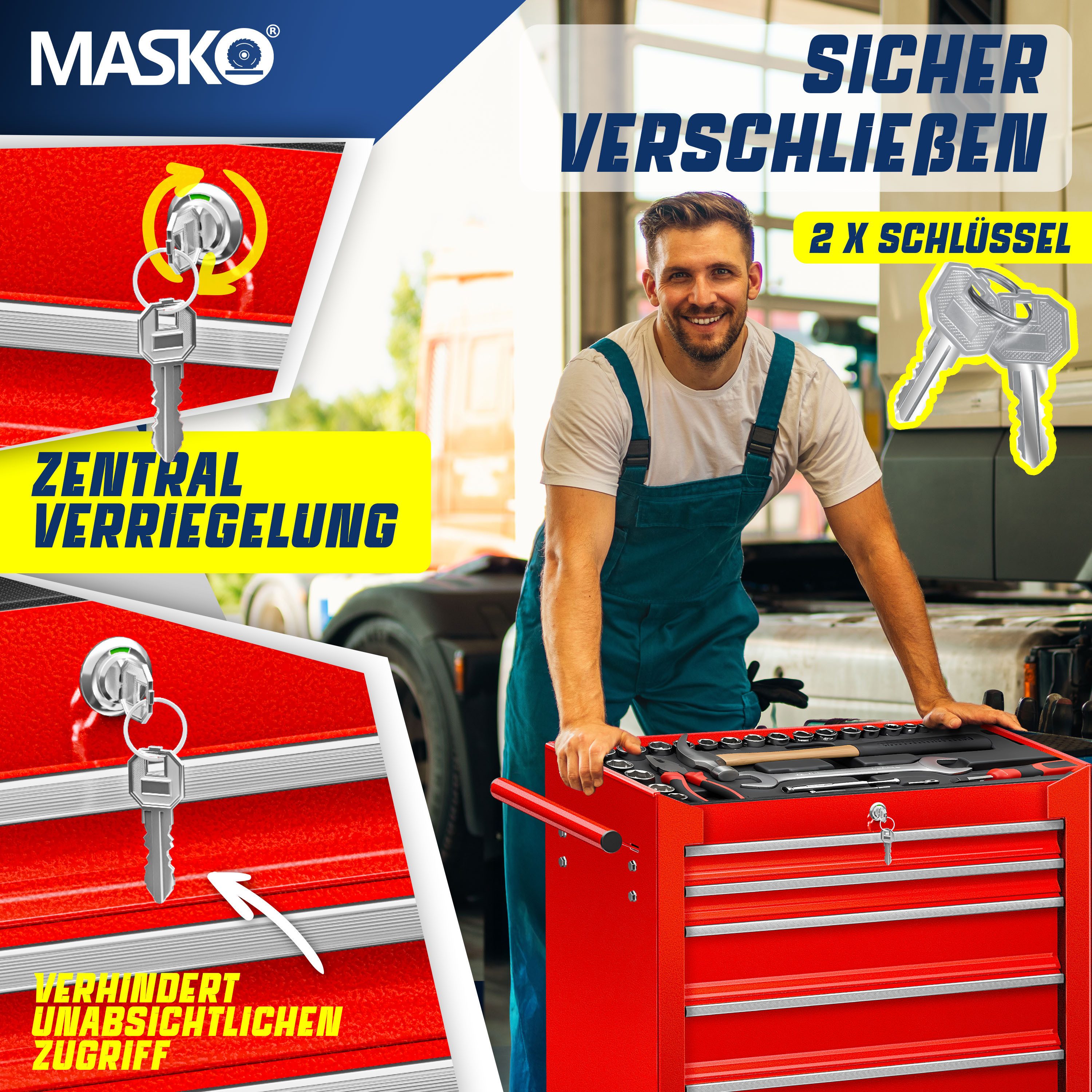 MASKO Werkstattwagen Profi Werkzeugwagen mit 7 Schubladen, abschließbar, massives Metall, 7 Fächer Rot, Rollwagen zur Werkzeugaufbewahrung mit Schloss & 2 Schlü – Bild 5 von 5