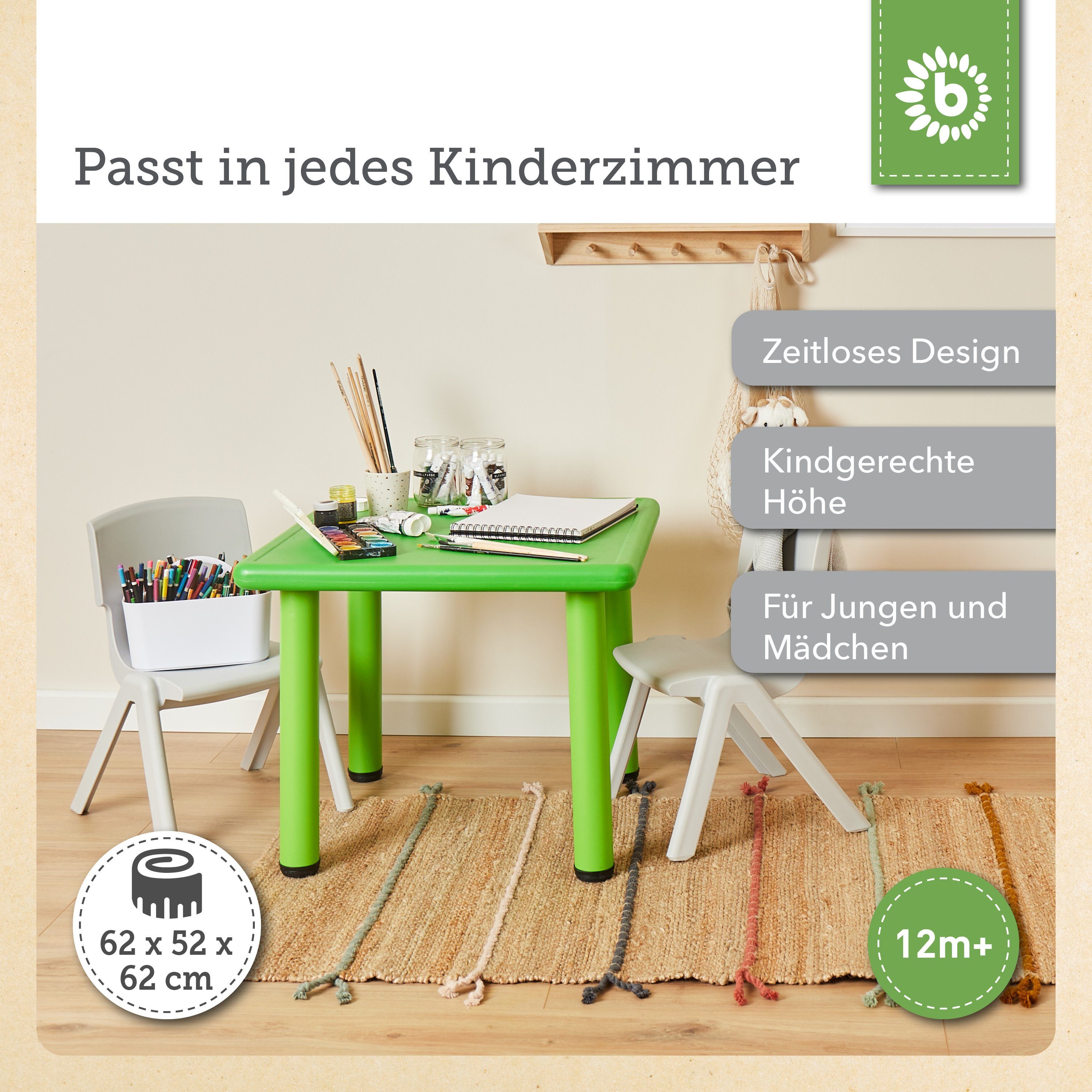 Maltisch höhenverstellbar Tisch Kinder, cm Tisch Kindertisch für Kinder-Schreibtisch Tisch ca. Grün 62x 62x Tisch BIECO Kindertisch Jahre 52 Kinder Spieltisch 1-8 Bieco für Kinder Kinderzimmer klein