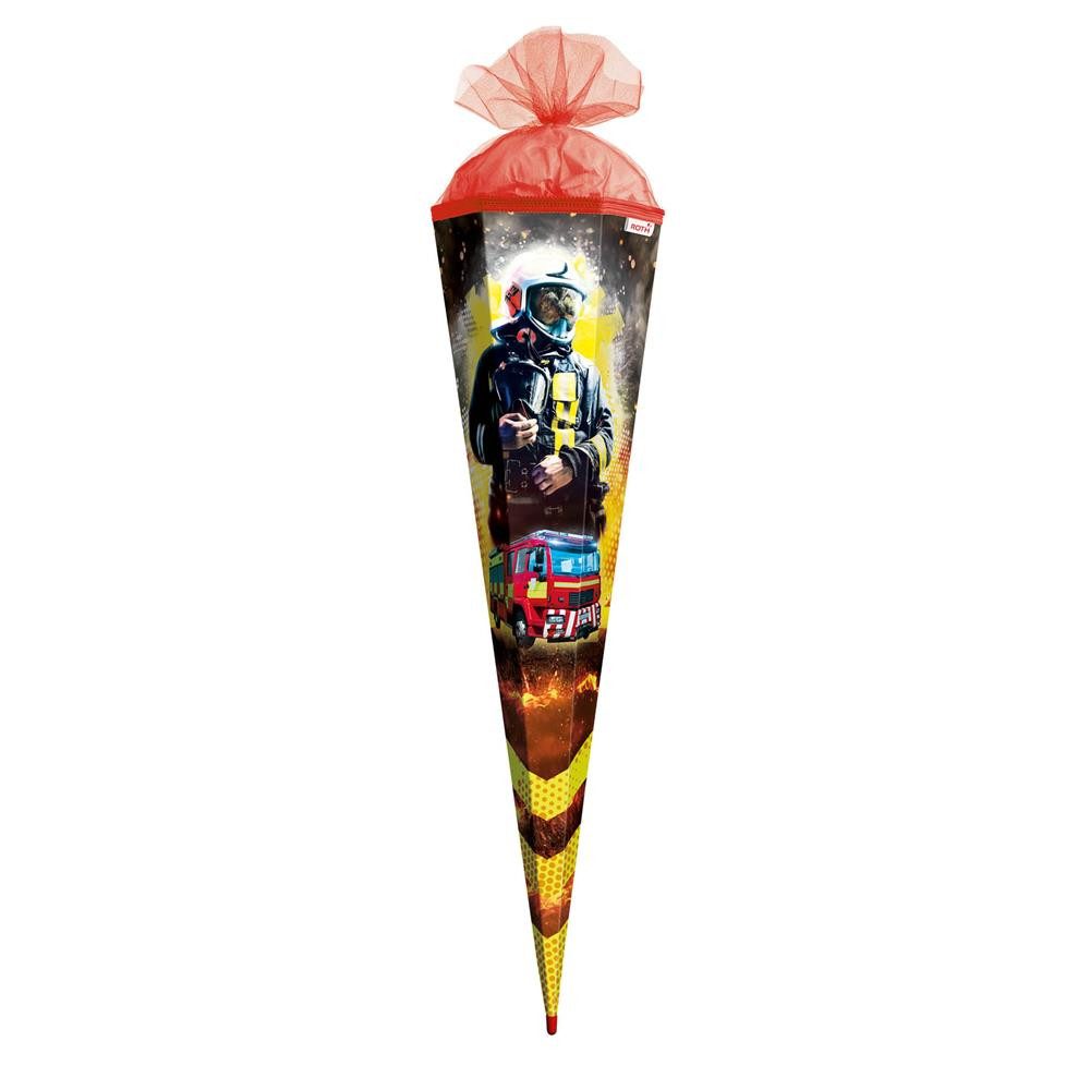 Roth Schultüte Feuerwehrmann, 85cm, eckig, mit Rot(h)-Spitze und rotem Tüllverschluss, Feuerwehrmotiv, roter Tüll, ROT(H)-Spitze, eckige Form, Schulstart