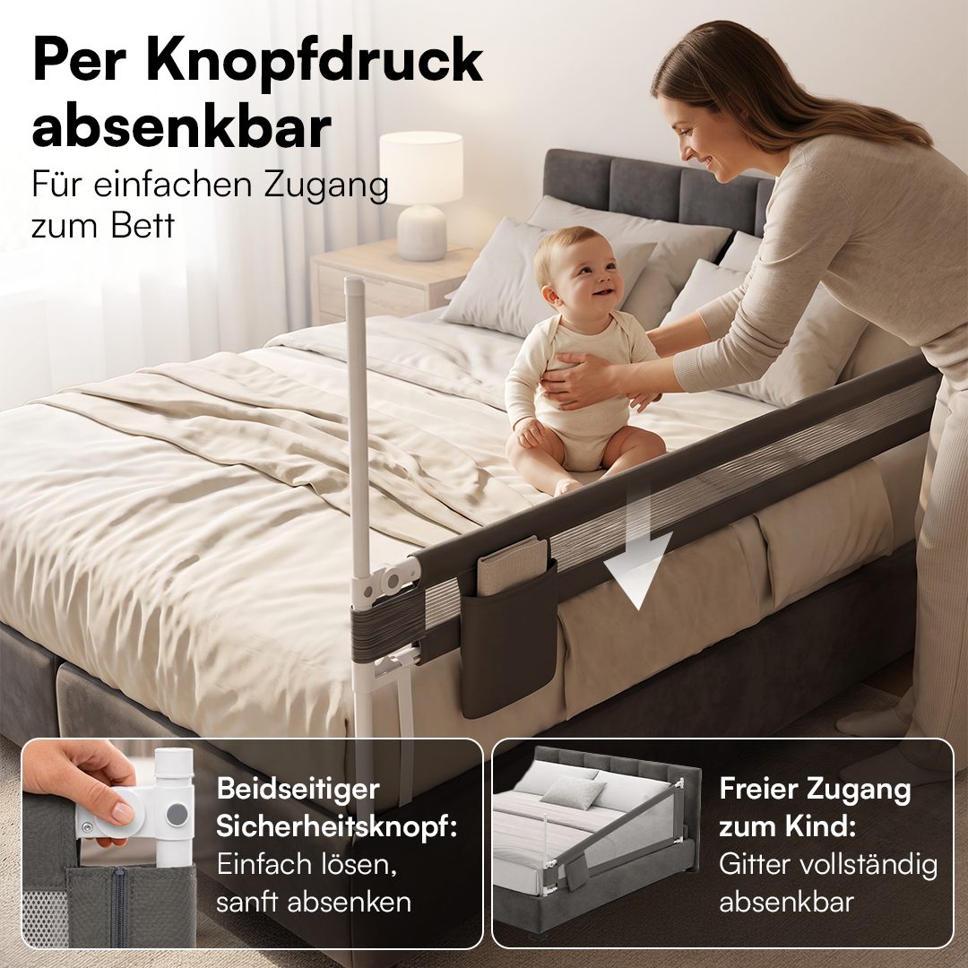 Bellabino Bettschutzgitter Rausfallschutz Drina höhenverstellbar 62-93cm/69–99cm (150 cm breit, 1 St., Dunkelgrau, mit Sicherheitsgurt), Rausfallschutz, klappbar & kombinierbar, verfügbar in B 150/180/200 cm