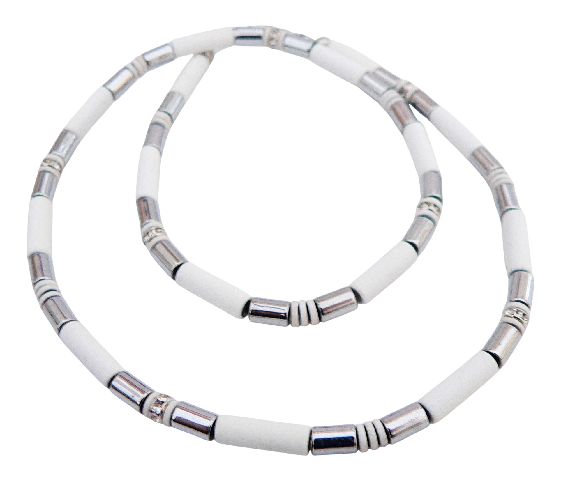 Collier 036f Collier Halskette Hämatit weiß matt silberfarben Strass