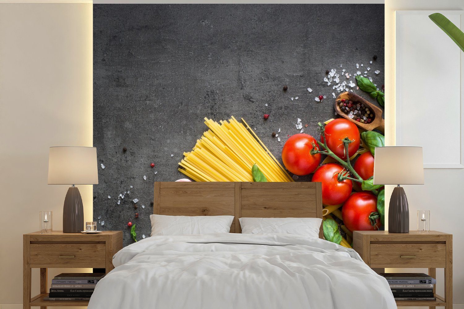 MuchoWow Fototapete Nudeln - Kräuter - Tomate - Gewürze - Rustikal, Matt, bedruckt, (4 St), Vliestapete für Wohnzimmer Schlafzimmer Küche, Fototapete