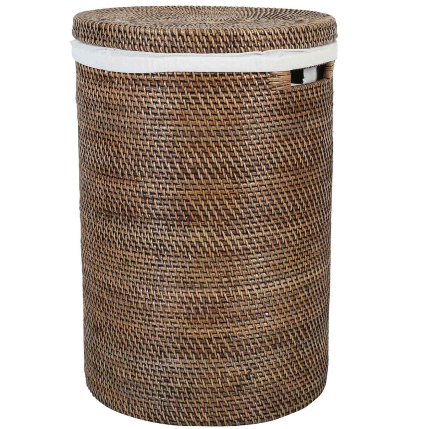 Casa Moro Wäschekorb Rattan Wäschebehälter CLEO BRAUN mit Deckel & Innenfutter (Designer Weide Korb, Aufbewahrungskorb Rattankorb geflochten rund), Boho Chic Wäschesammler mit Griff