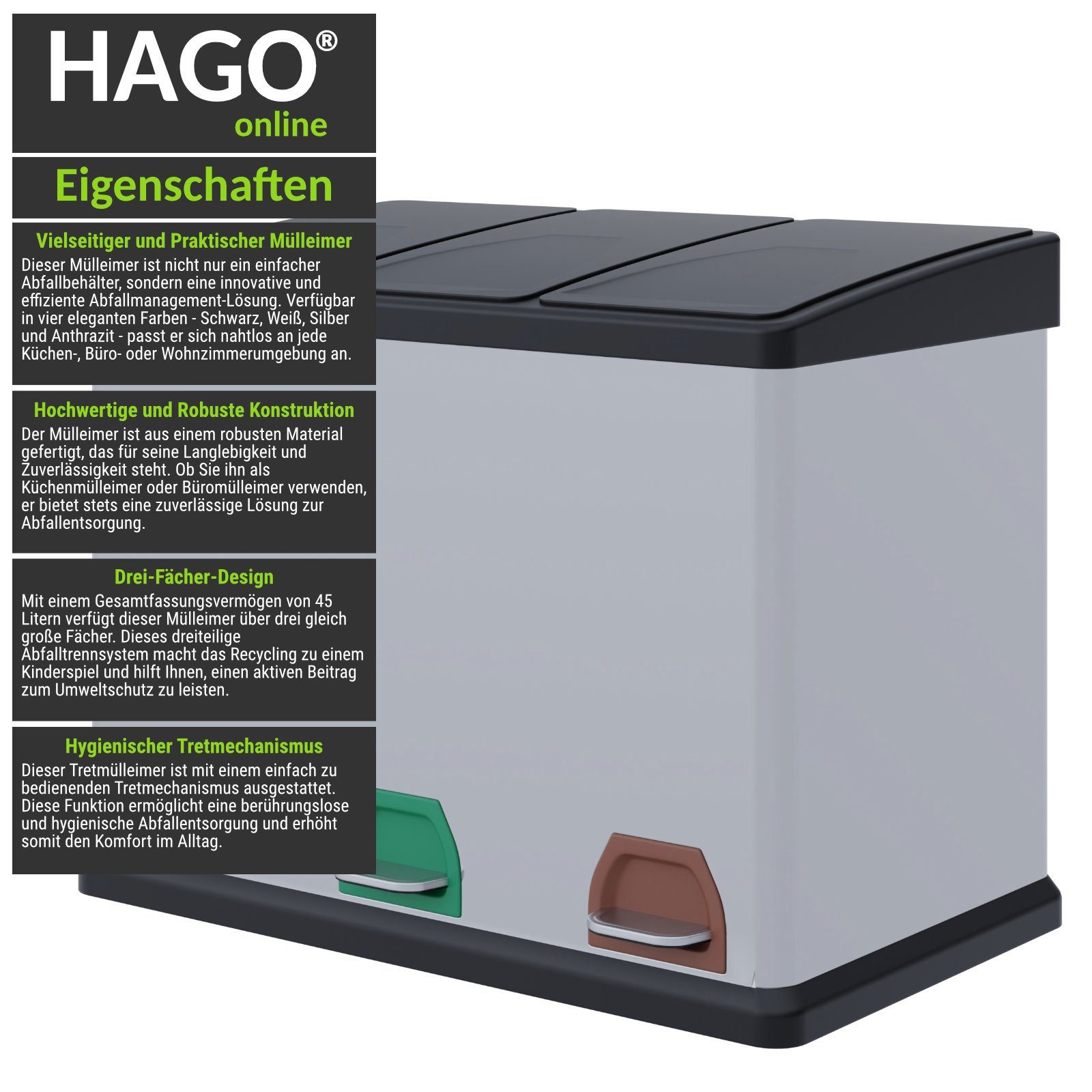 HAGO Mülltrennsystem schwarz Designer Metal Mülltrenner Trennsystem Mülleimer Abfalleimer Recycling