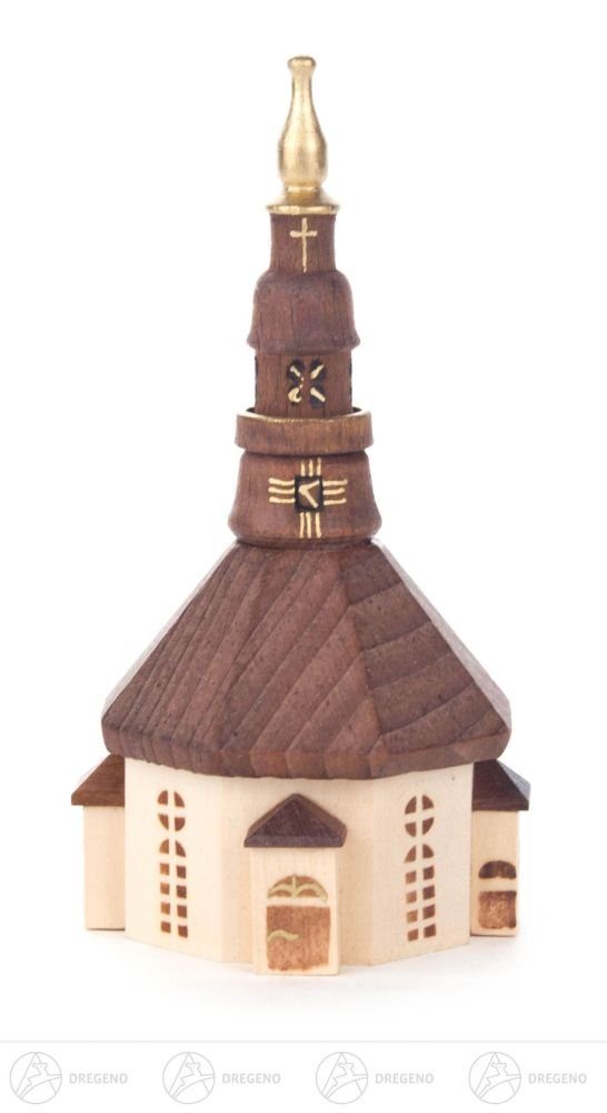 Dregeno Erzgebirge Weihnachtsfigur Miniatur Seiffener Kirche natur Breite x Höhe x Tiefe 6 cmx12,5 cmx6, mit bedruckten Fenstern