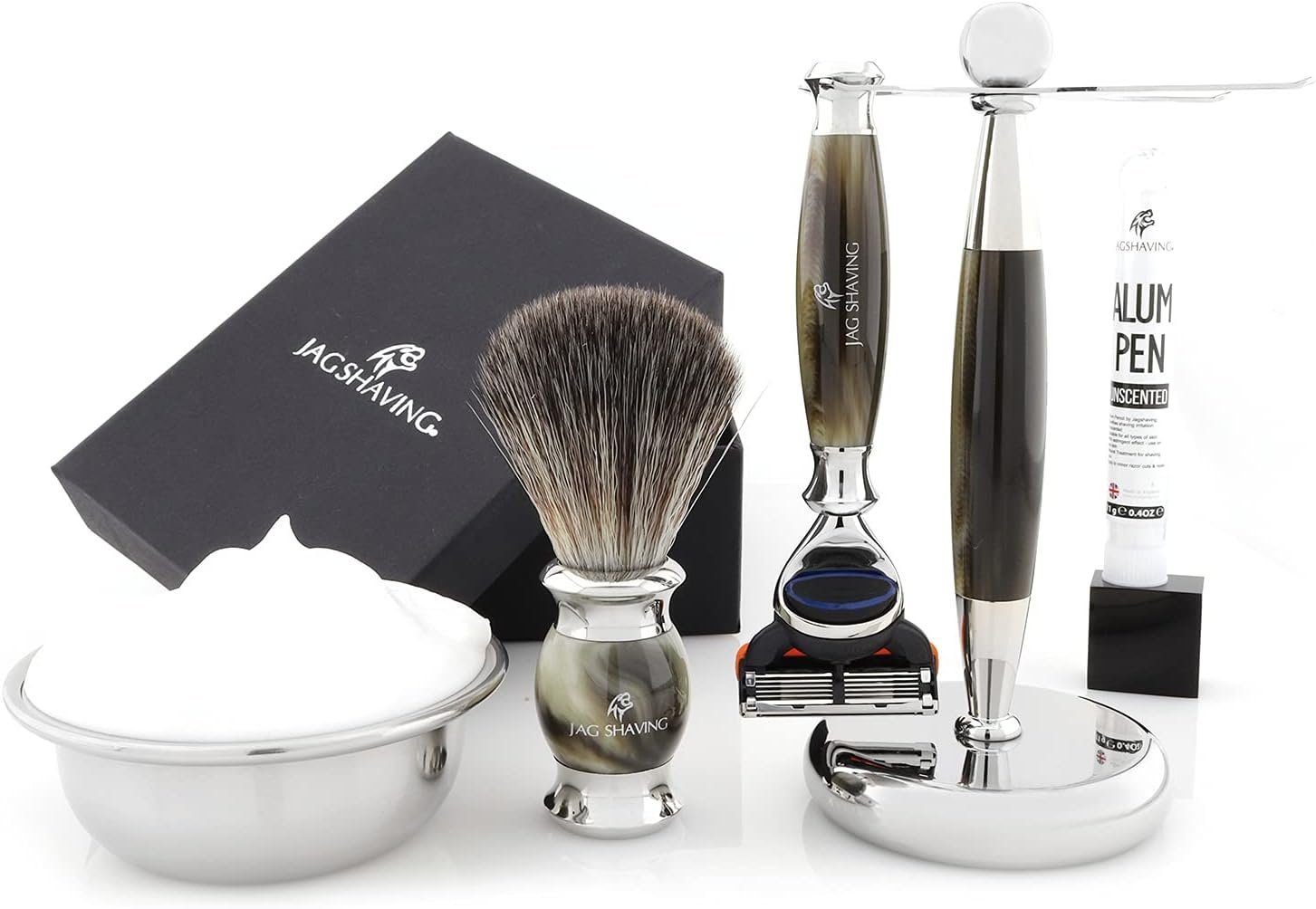 JAG SHAVING Rasierpinsel-Set Herren-Rasierpinsel-Set, Premium Jag Shaving Kunsthaar, Systemrasierer, Set, 5 tlg., Rasierset mit zusätzlichem Rasierzubehör für eine klassische Rasur., beste Erfahrung beim manuellen Speichern