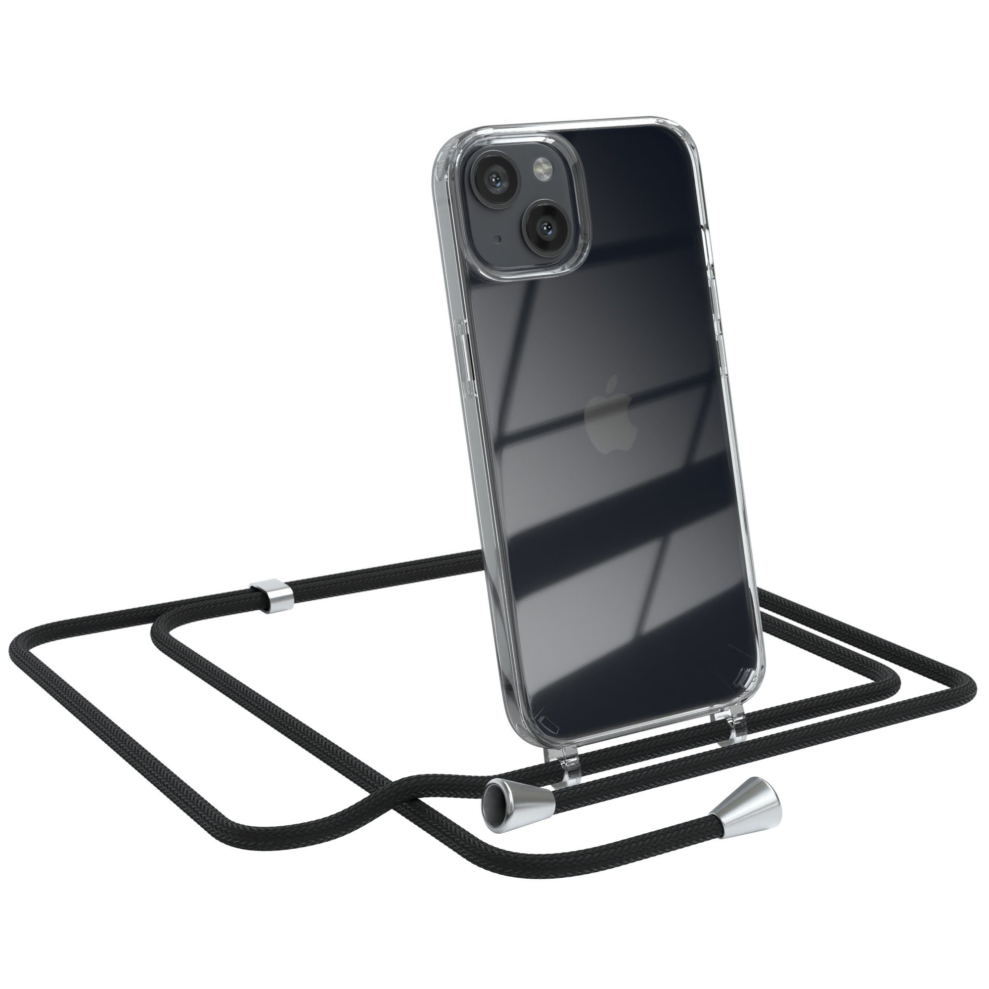 EAZY CASE Handykette Hülle mit Kette für Apple iPhone 13 6,1 Zoll, Handykette Hülle mit Band Slimcover Schutzhülle Schwarz Clips Silber