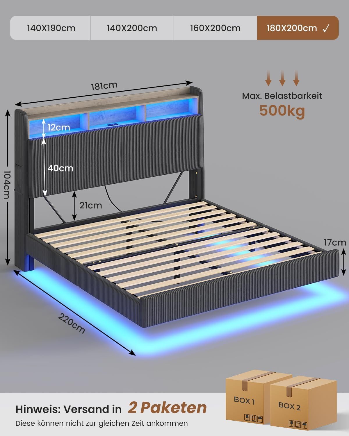 MSMASK Polsterbett Schwebebett mit 270°-LED-Beleuchtung, USB & Type-C Ladestation (Ohne Matratze), Doppelbett mit Stauraum-Kopfteil 180x200 cm – Bild 2 von 5