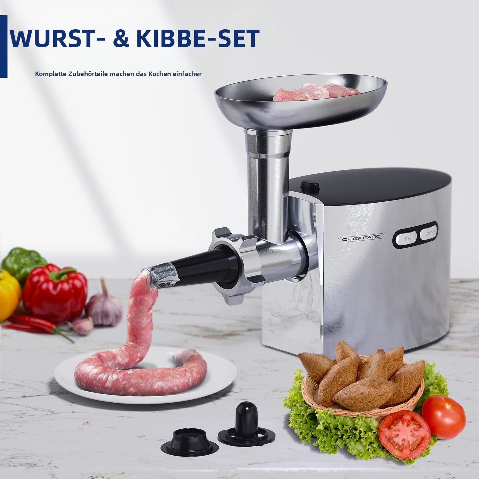CHEFFANO Fleischwolf Fleischwolf Edelstahl, 3 Lochscheiben, 2 Klingen & Wurstbefüller, 350 W