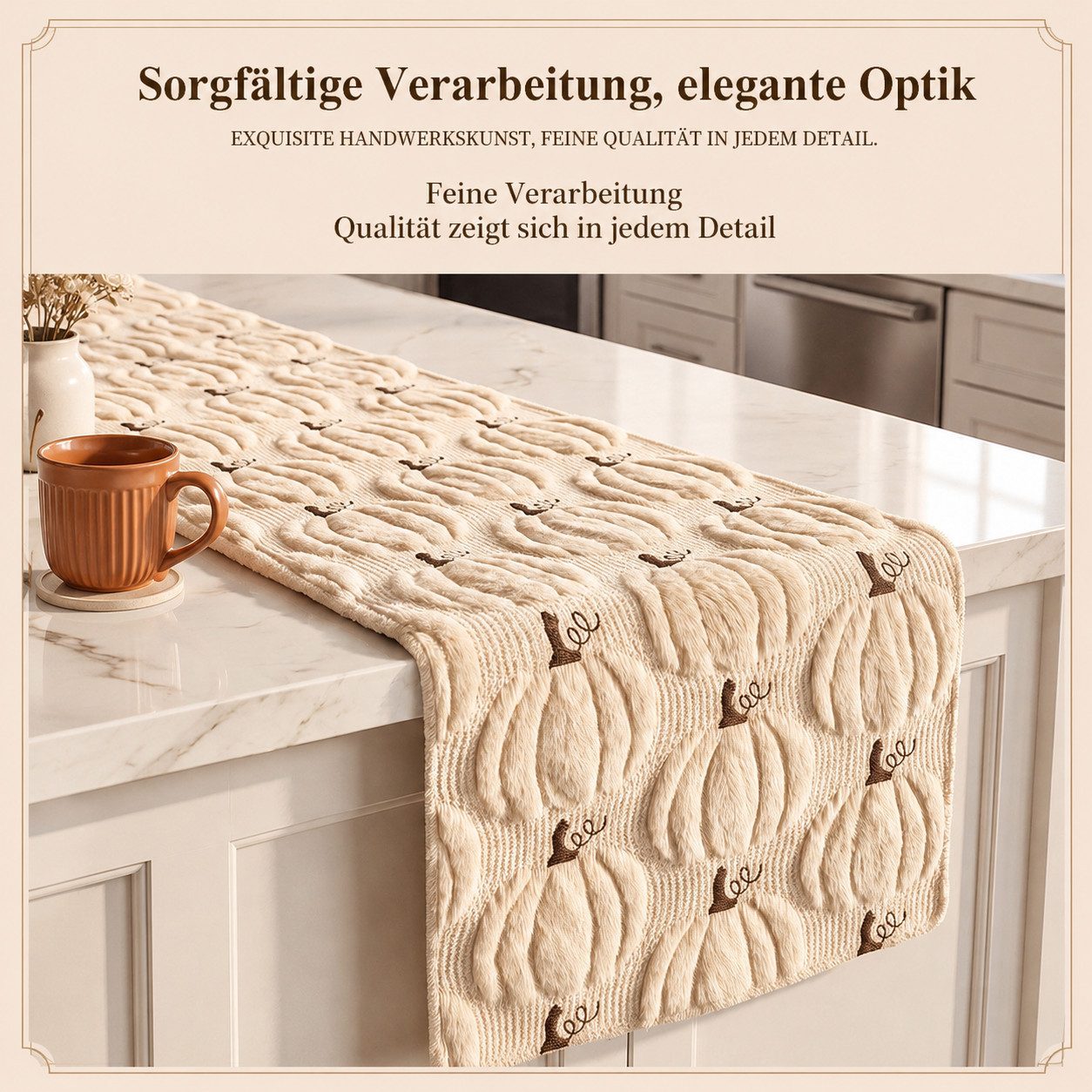 JASLIFE Tischläufer Herbst Kürbis 3D-Plüsch Herbstdeko, 3D-Kürbismotiv, weiche Plüschstickerei, Herbst Tischdeko – Bild 2 von 5
