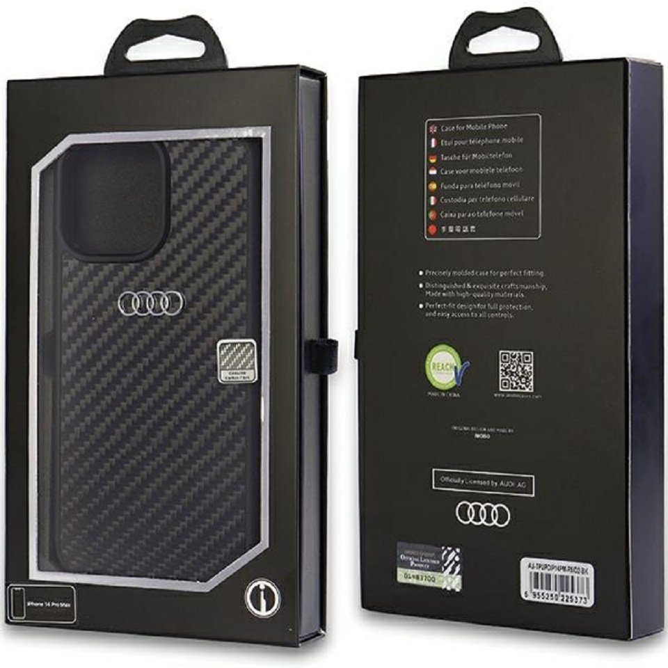 Audi Handyhülle Case iPhone 14 Pro Max Carbon Optik schwarz silber 6,7 Zoll, Kantenschutz