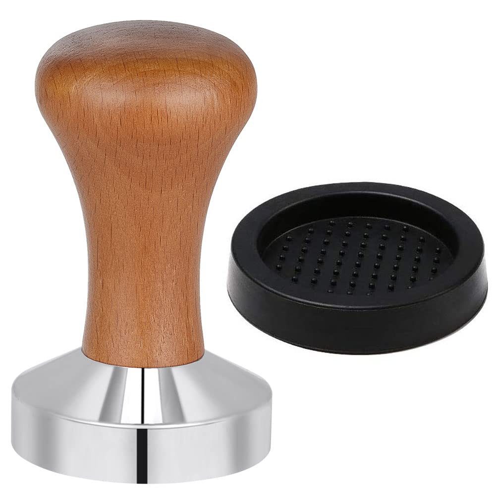 FOUORTUNATE-BEE Tamper Kaffee Tamper,Tamper 51mm mit Holzgriff und Silikonmatte 60mm, kaffeestempel Edelstahl,Espresso Tamper, Solid Heavy, Barista Style