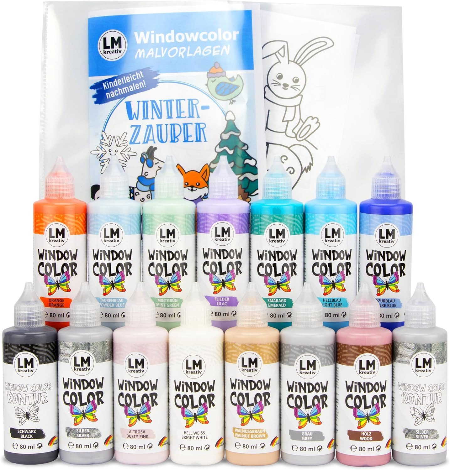 LM-Kreativ Bastelfarbe Window Color 15er Set Winterzauber, XXL-Set, wiederablösbar, inkl. Konturen, Folien & Vorlagenheft