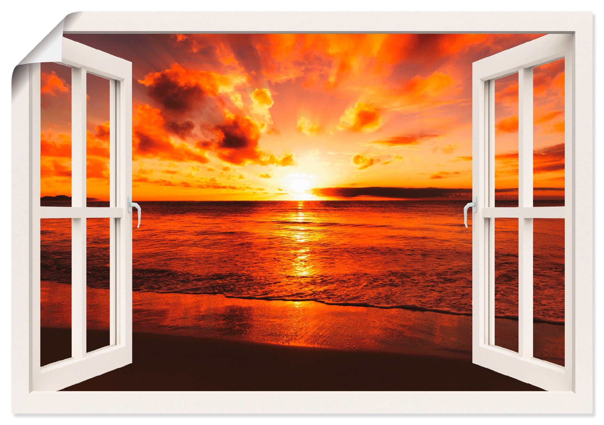 Artland Wandbild Fensterblick Sonnenuntergang am Strand, Fensterblick (1 St), als Leinwandbild, Poster in verschied. Größen