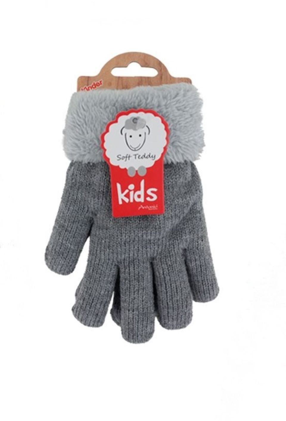 Winter mit Einzelne Kunstfell Innenfutter Strickhandschuhe warme Teddy Füllung Grau 2 flauschig (Paar, Handschuhe, Kinder Antonio Handschuhe) Soft