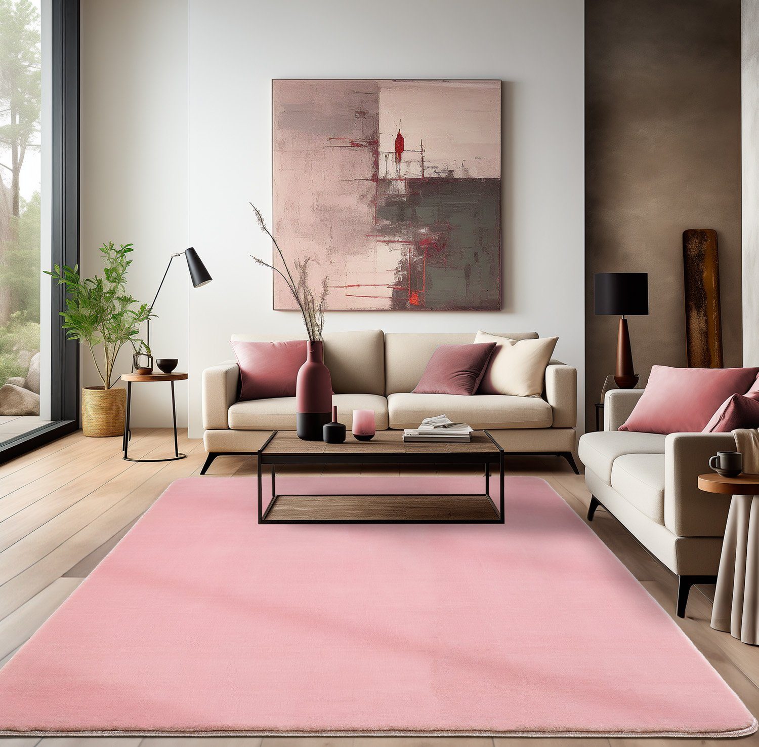 Teppich Unicolor - Einfarbig, HomebyHome, Flauschiger Teppich Wohnzimmer Einfarbig Soft Felloptik Anti-Rutsch Rosa