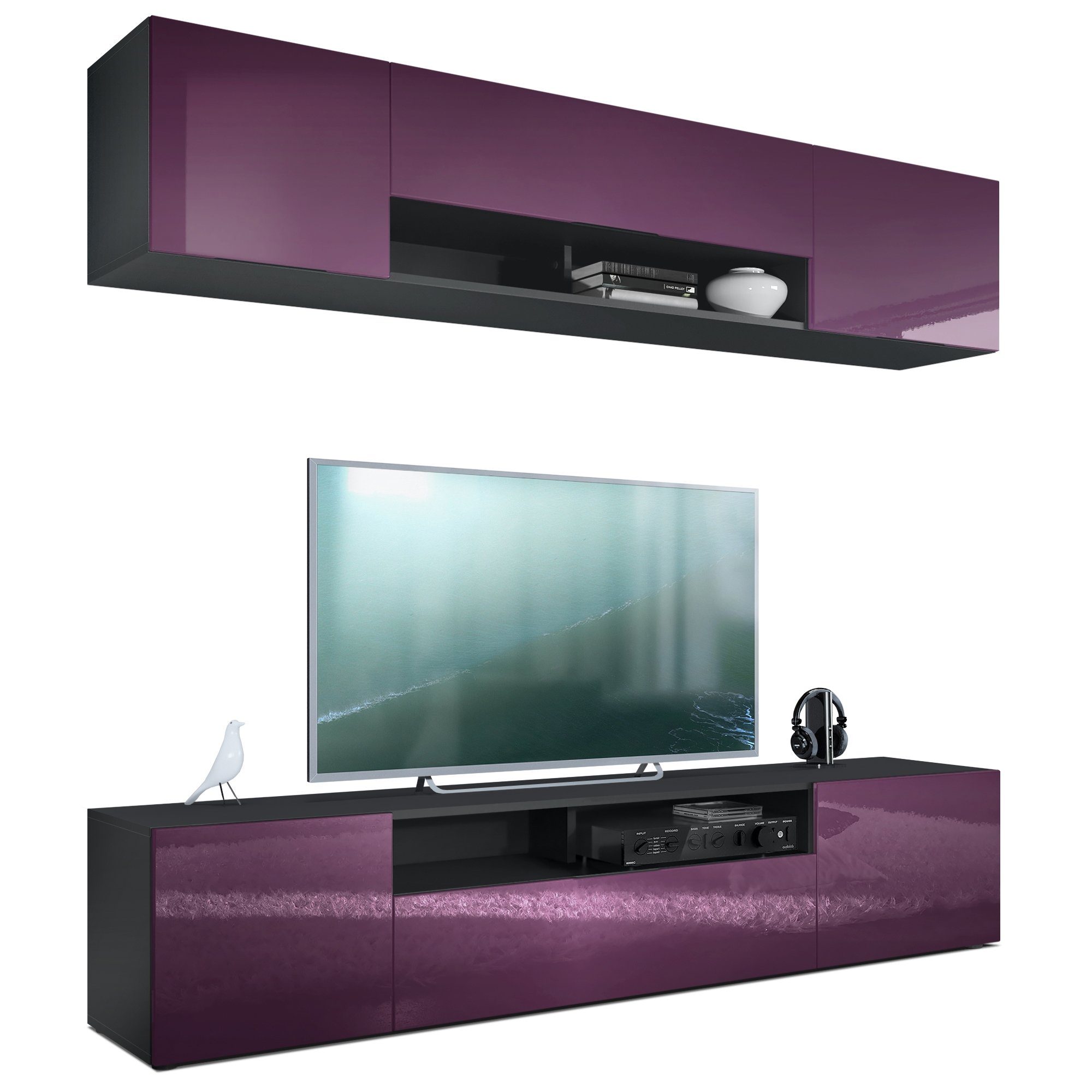 Vladon Wohnwand Mogan, (Anbauwand bestehend aus 2 TV-Boards, mit jeweils 2 Türen, 1 Klappe und 1 offenes Fach), Schwarz matt/Brombeer Hochglanz 2x (181 x 39 x 35 cm)