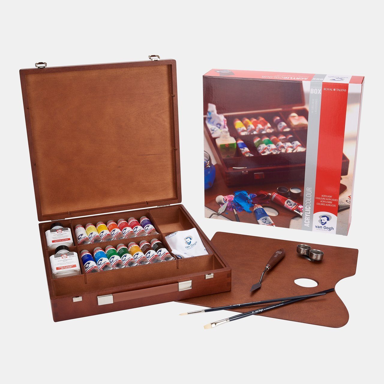 Talens Acrylfarbe Van Gogh Acrylfarbe Inspiration-Box mit 14x40 ml-Tuben + Zubehör, Holzkasten