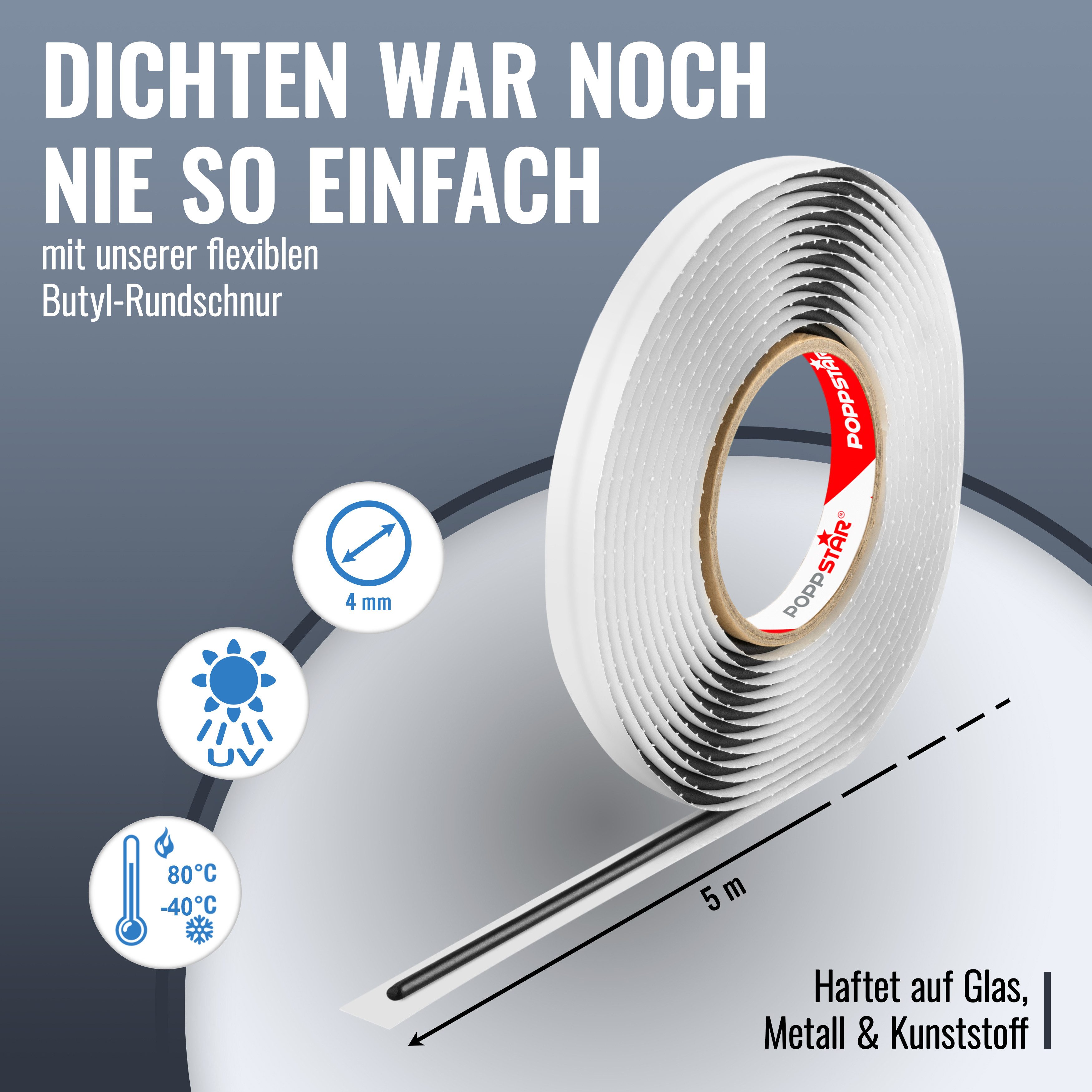 Poppstar Dichtband Butylrundschnur selbstklebend Wasserdichtes & diffusionsdichtes Butyl Abdichtband