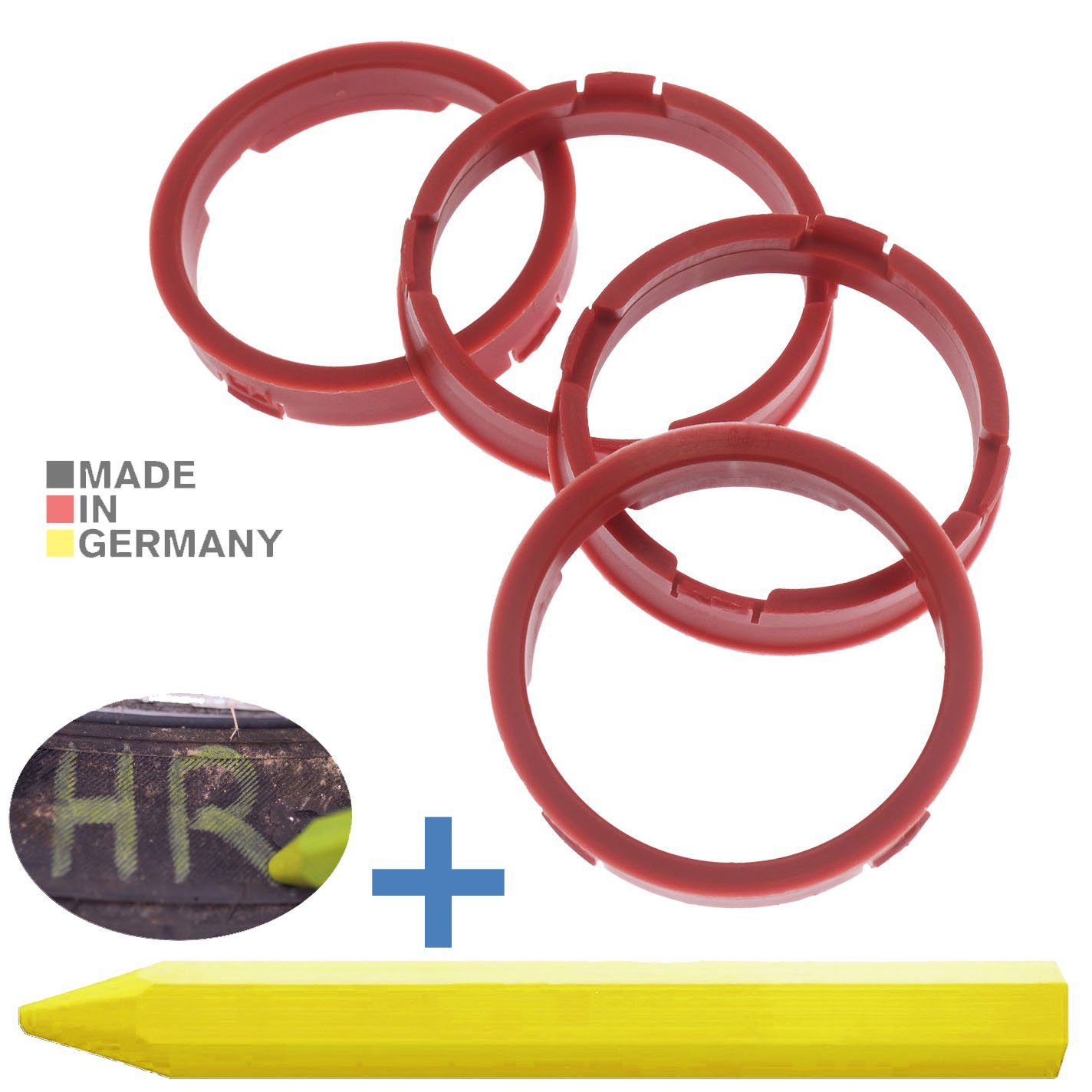 RKC Reifenstift 4X Zentrierringe Dunkelrot Felgen Ringe + 1x Reifen Kreide Fett Stift, Maße: 73,1 x 64,1 mm | Reifenstifte