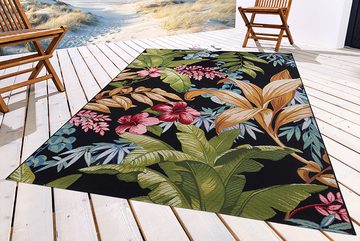 Teppich OASIS 235x160cm schwarz / pink / türkis / gold, riess-ambiente, rechteckig, Höhe: 8 mm, Wohnzimmer · Flachgewebe · florales Design · Blattmuster · Outdoor