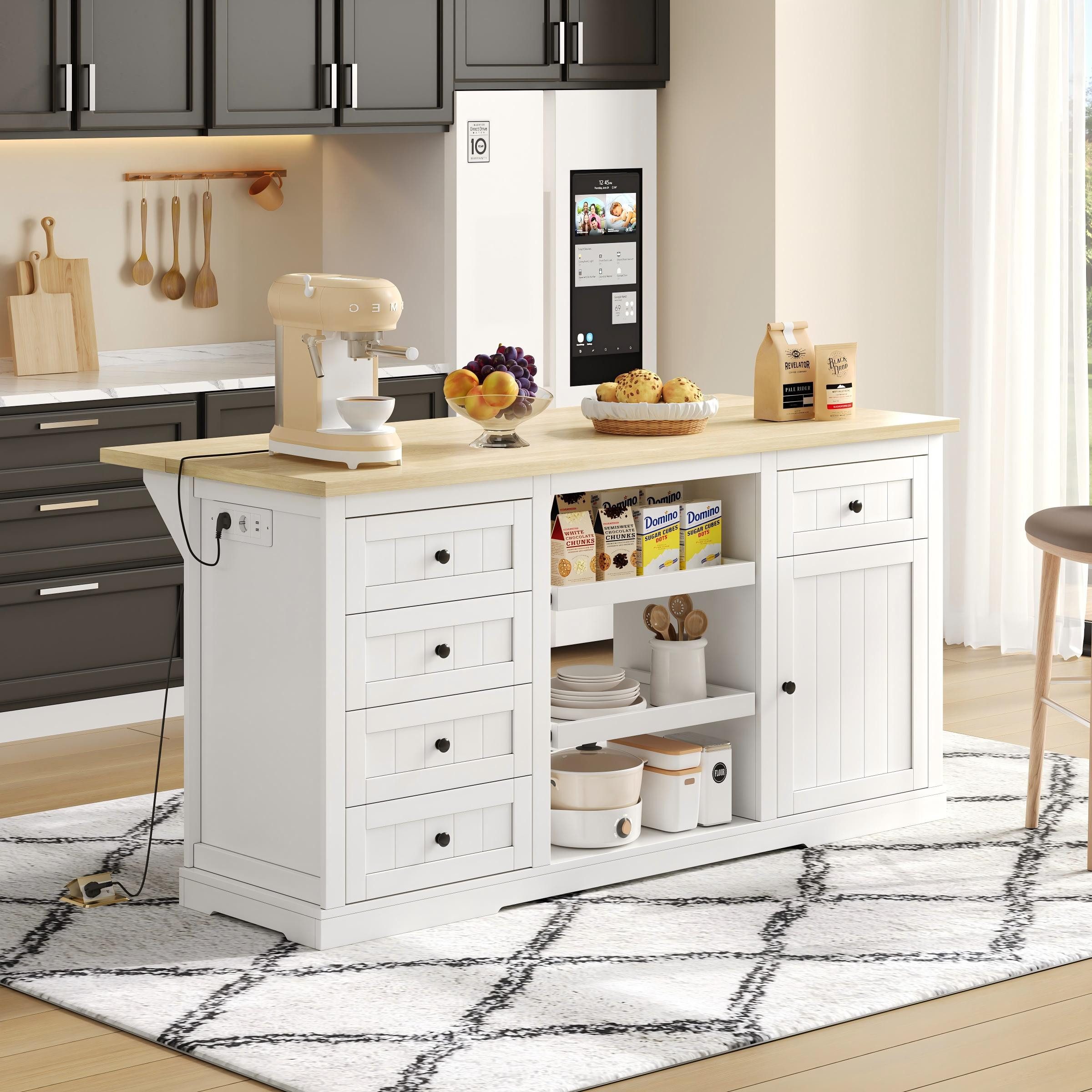 Odikalo Кухниinsel Кухниschrank Sideboard mit Steckdosen, (Sideboard, Кухниinsel, Bar-Schrank mit 5 Schubladen, 2 Ausziehböden, klappbarer Erweiterungsplatte und integrierten Steckdosen, für Küche, Esszimmer und Wohnzimmer, Weiß, 150×65×75 cm)
