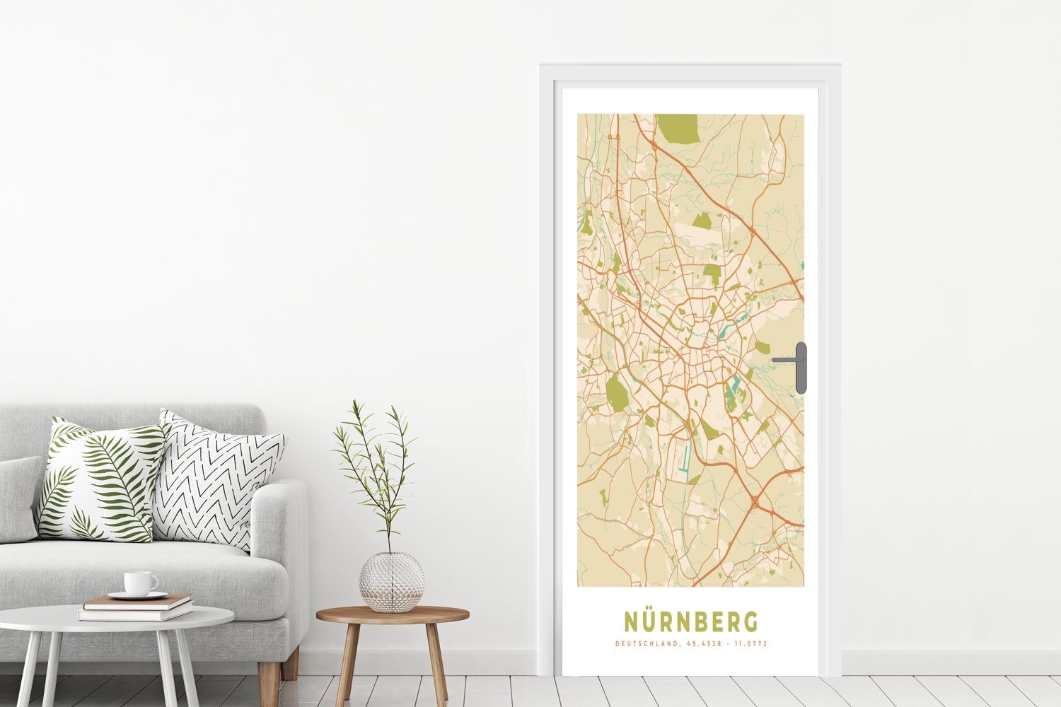 Karte cm Türaufkleber, Türtapete - Karte 75x205 bedruckt, Nürnberg Matt, St), - Tür, Fototapete - - Stadtplan, (1 für MuchoWow Vintage