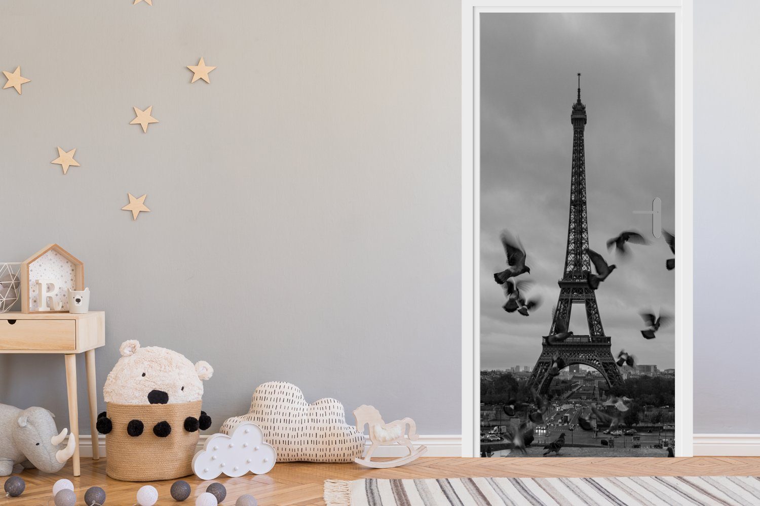 MuchoWow Türtapete Vögel vor dem (1 St), 75x205 Eiffelturm, Türaufkleber, Tür, Fototapete cm für bedruckt, Matt