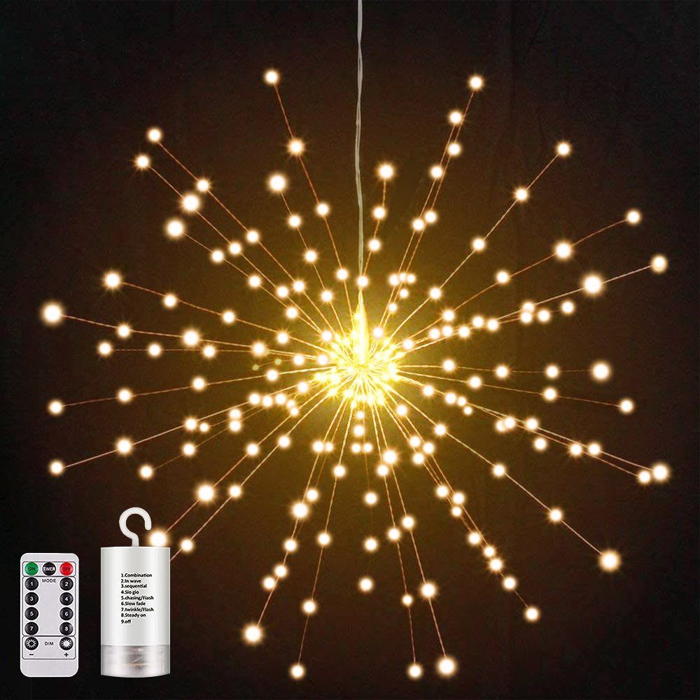 Hängende Feuerwerk Wasserdicht Warmes für Fernbedienung, mit Sunicol Party Weiß Batterie, Lichter,8 Modi, LED-Lichterkette 200 LED Starburst, Außen Innen Weihnachtsdeko