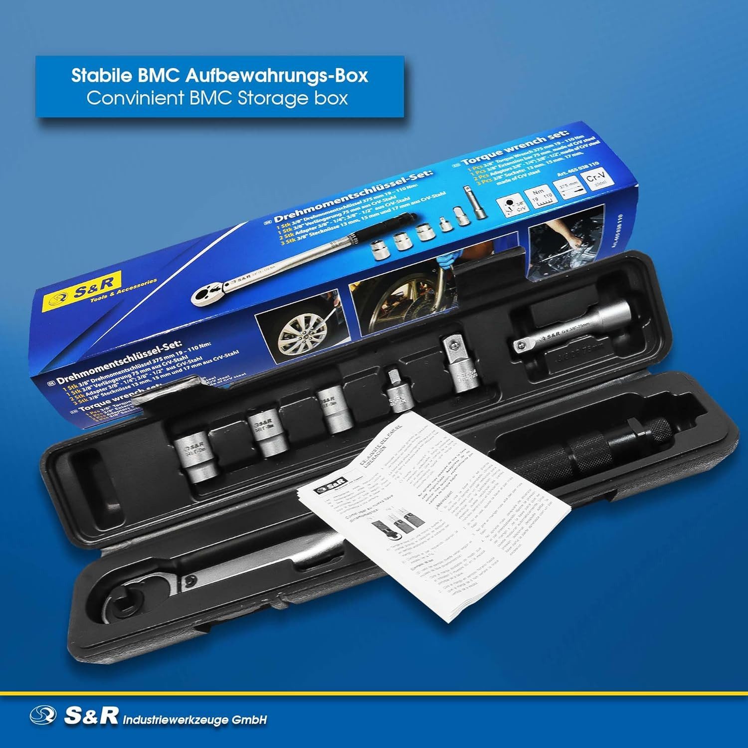 S&R Drehmomentschlüssel KFZ Bike Motorrad 3/8', Meßbereich 19-110 Nm, DIN 6789 kalibriert (Set, L=375 mm inkl. Verlängerung, Adapter und Stecknüsse), aus CrV-Stahl, bruchfest, in praktischer und robuster Kunststoffbox