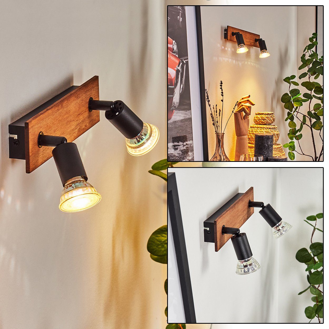 hofstein Wandleuchte »Buti« verstellbare Wandlampe aus Metall/Holz in Schwarz/Natur, ohne Leuchtmittel, 2xGU10, moderne Leselampe mit An- & Ausschalter am Gehäuse