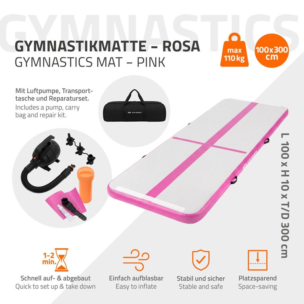 ECD Germany Sportmatte Aufblasbare Gymnastikmatte Airtrack Turnmatte Fitness Tumbling Matte, Pilatesmatte 3m Rosa H:10cm inkl. Tragetasche Luftpumpe & Flick-Set – Bild 2 von 5