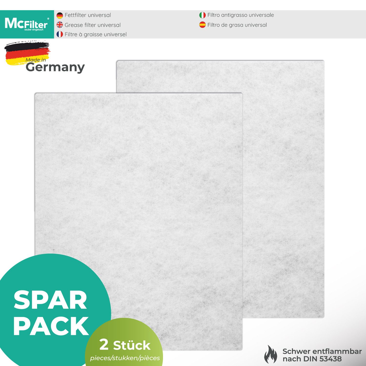 McFilter Fettfilter (2 Stück) Universal Dunstfilter Filter 57 x 47cm, Zubehör für alle handelsüblichen Dunstabzugshauben, extra speicherfähig, zuschneidbar, Schwer entflammbar nach DIN 53438