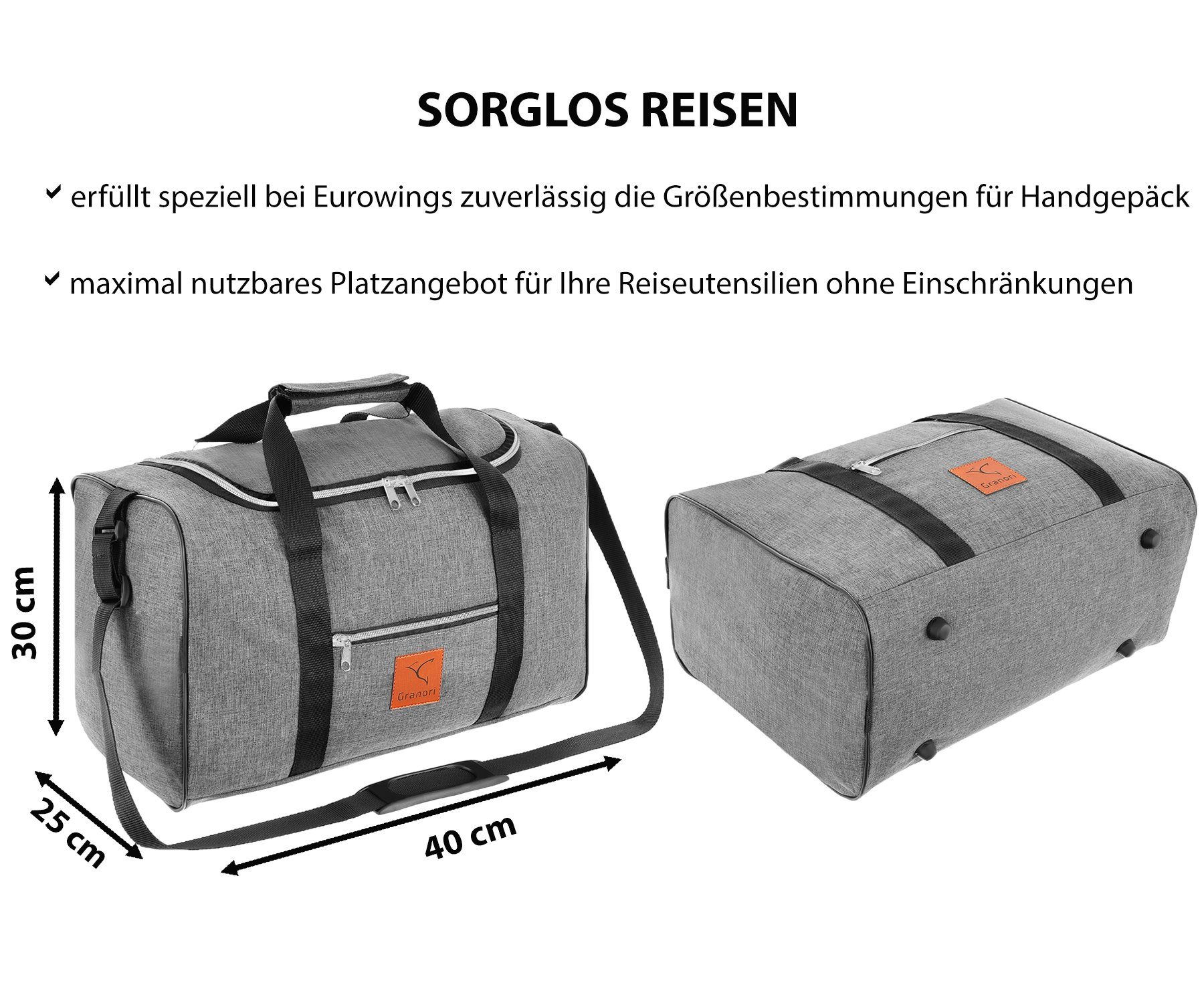 Granori Reisetasche 40x30x25 cm Flugzeug Handgepäck für Eurowings – leicht & max. Platz (Modell ET2), mit abschließbarem Fach und verstellbarem Schultergurt, 30 l Volumen