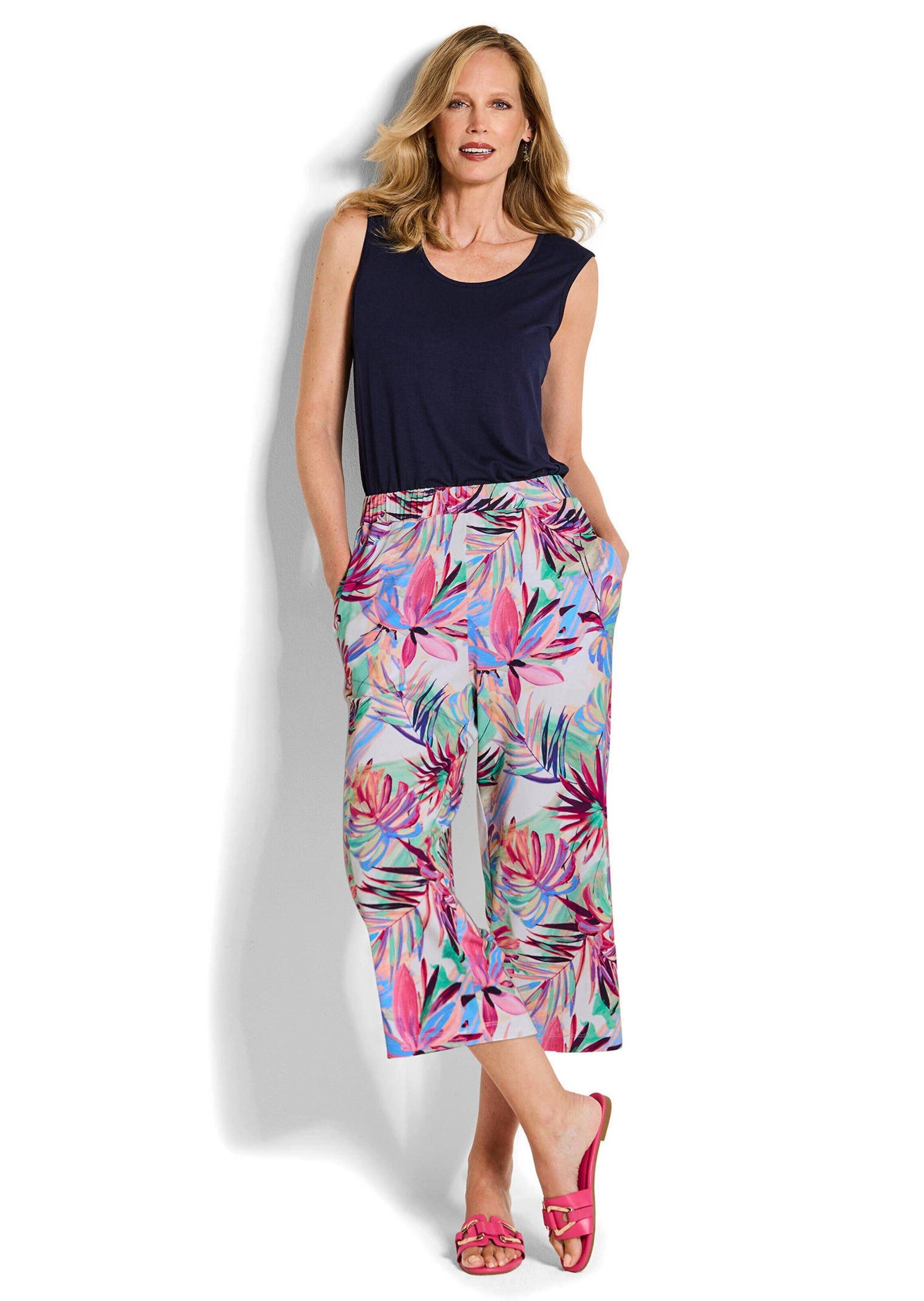 GOLDNER Schlupfhose Jerseyhose mit Palmen-Print Stretchhose mit elastischem Bund, Eingriffstaschen und 7/8-Länge